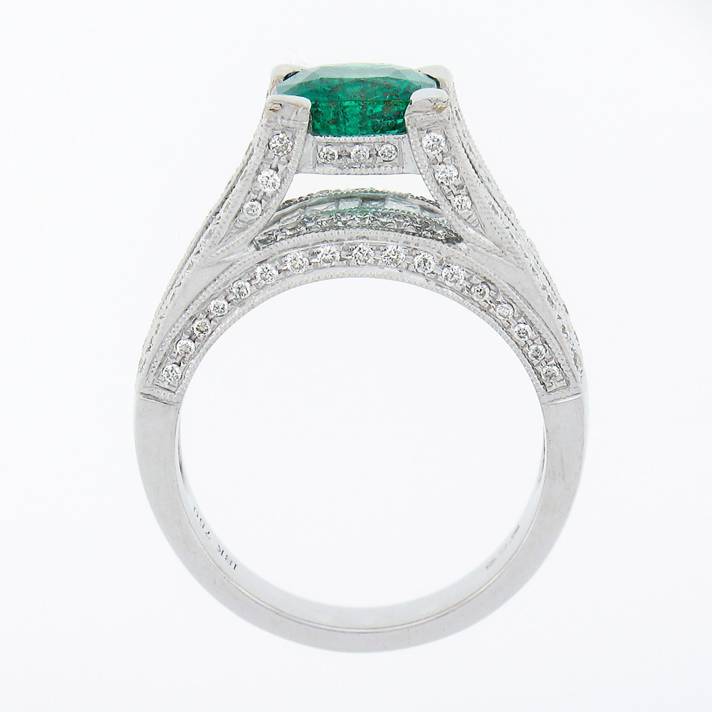 18K White Gold 3.10ctw GIA Cushion Cut Emerald Solitaire & Diamond Cocktail Ring For Sale 4