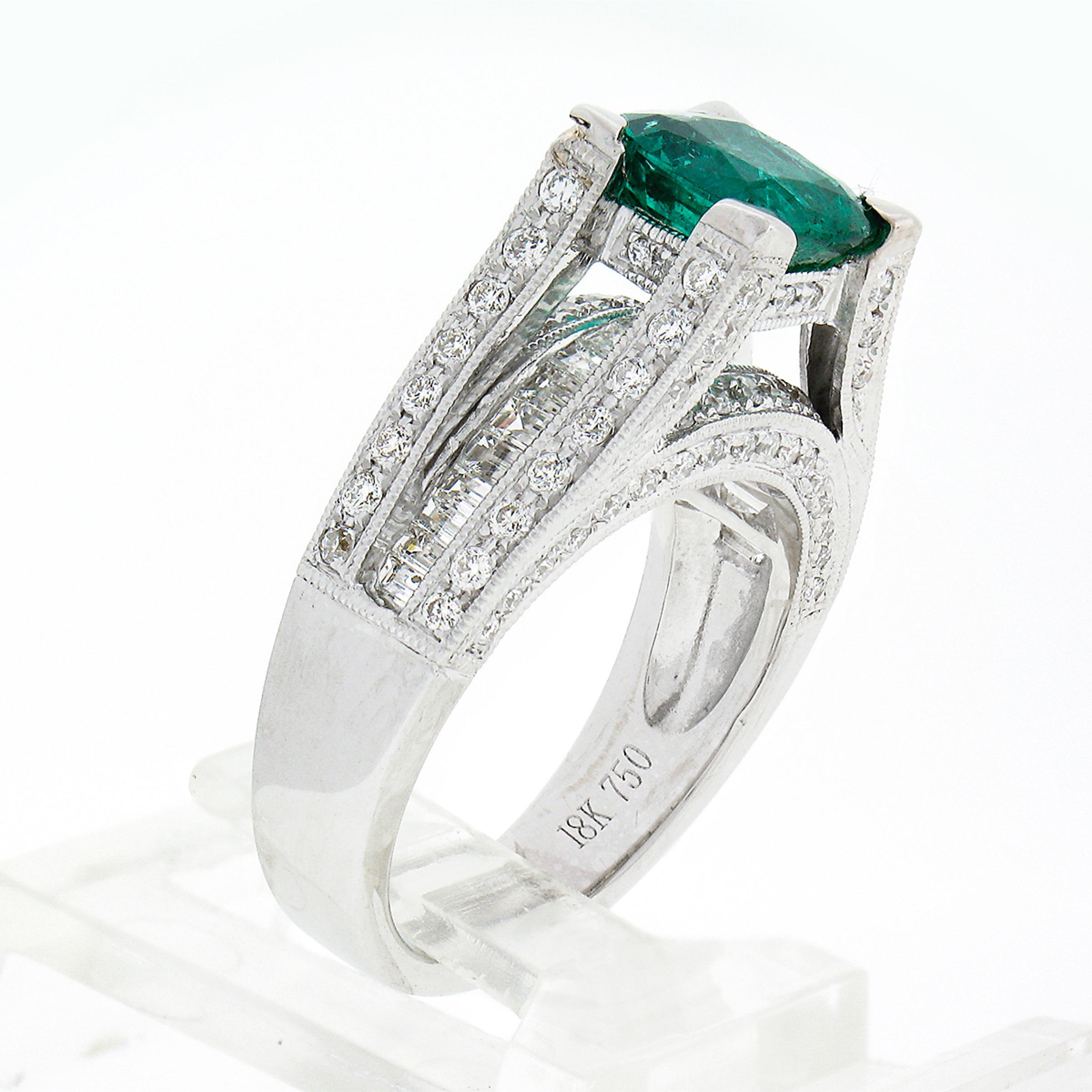 18K White Gold 3.10ctw GIA Cushion Cut Emerald Solitaire & Diamond Cocktail Ring For Sale 5