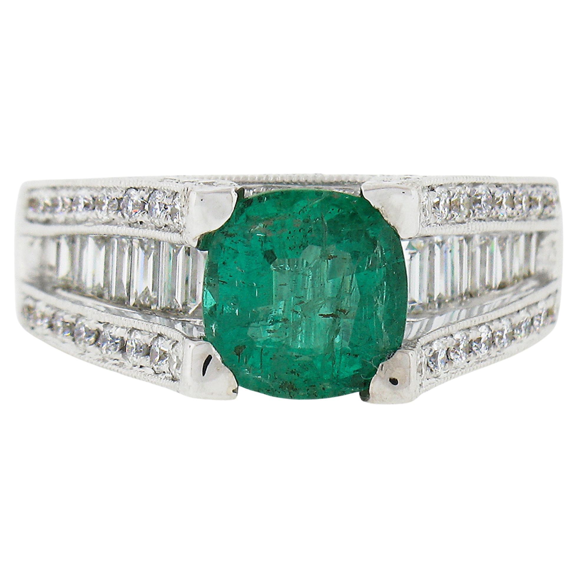 18K White Gold 3.10ctw GIA Cushion Cut Emerald Solitaire & Diamond Cocktail Ring For Sale