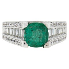 18K White Gold 3.10ctw GIA Cushion Cut Emerald Solitaire & Diamond Cocktail Ring