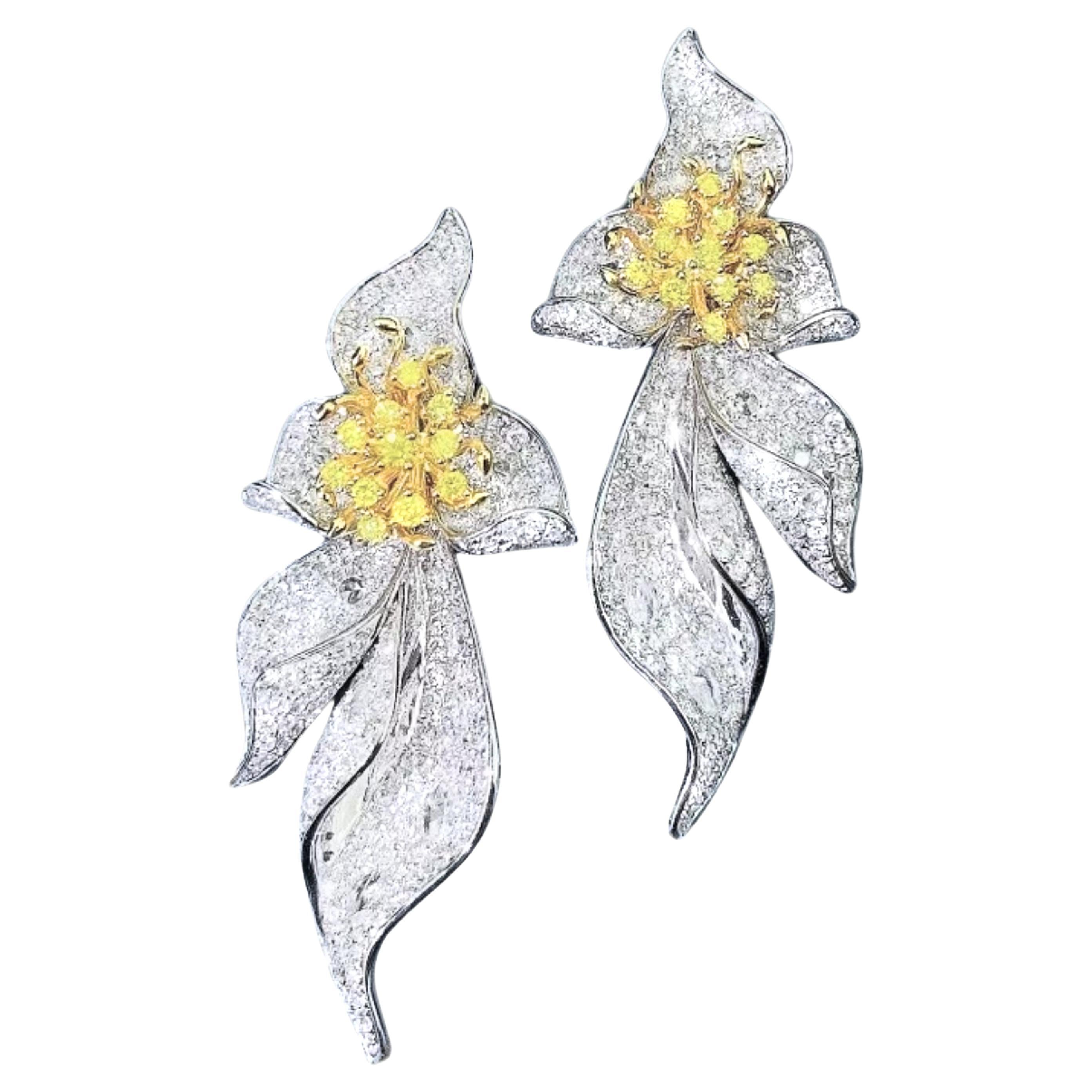 18K White Gold 3.14 CT Fancy Yellow Diamond & Diamond Flower Earrings