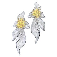 18K White Gold 3.14 CT Fancy Yellow Diamond & Diamond Flower Earrings