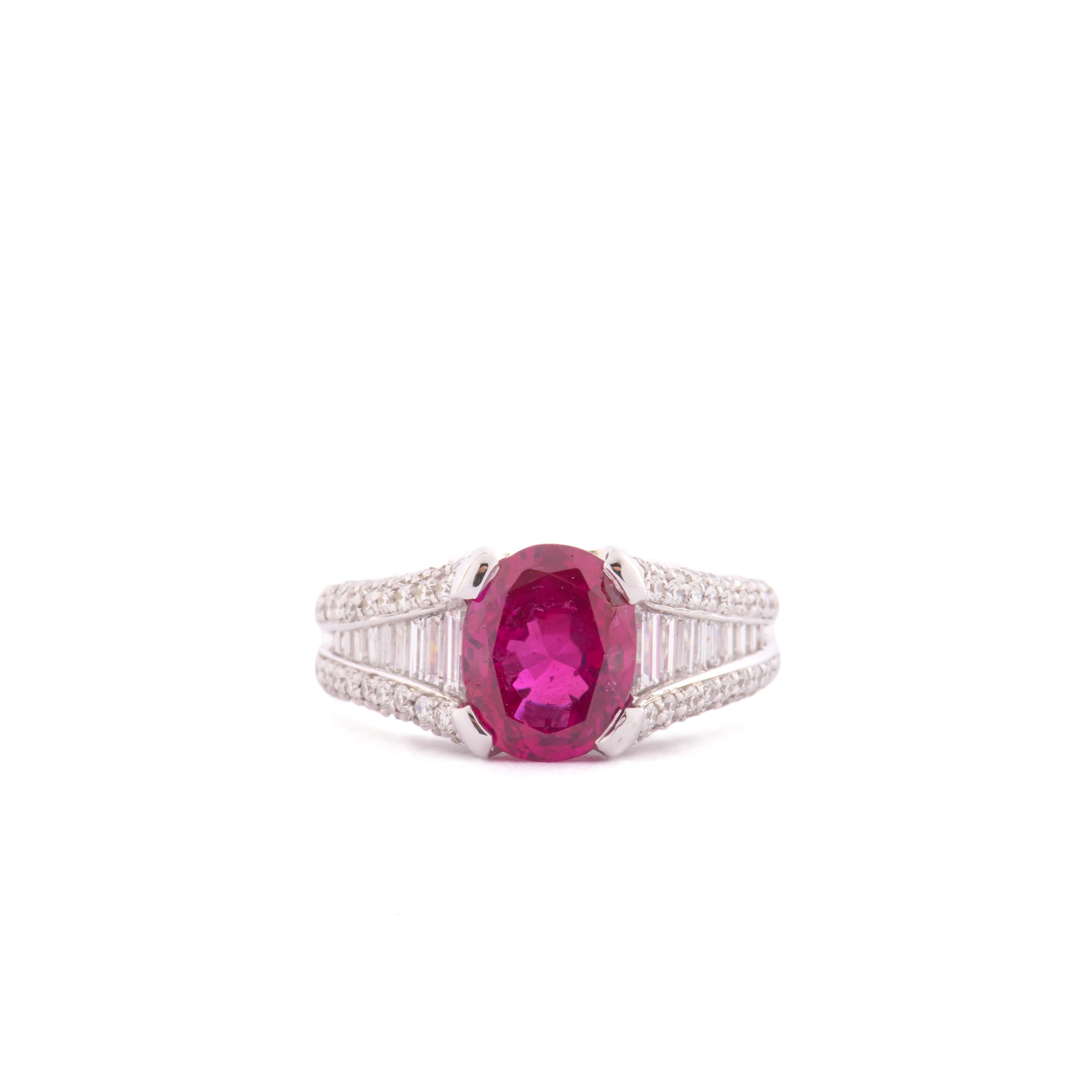 Amazing 18 KT Ruby And Diamonds Ring

Oval ruby 3,15ct
Round Diamonds 0,68ct
Baguettes Diamonds 0,90ct.