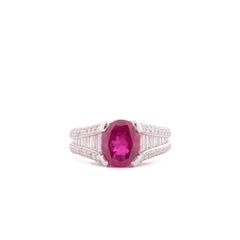 18k White Gold 3, 15 Carat Oval Ruby with Round and Baguettes Diamonds, Ring