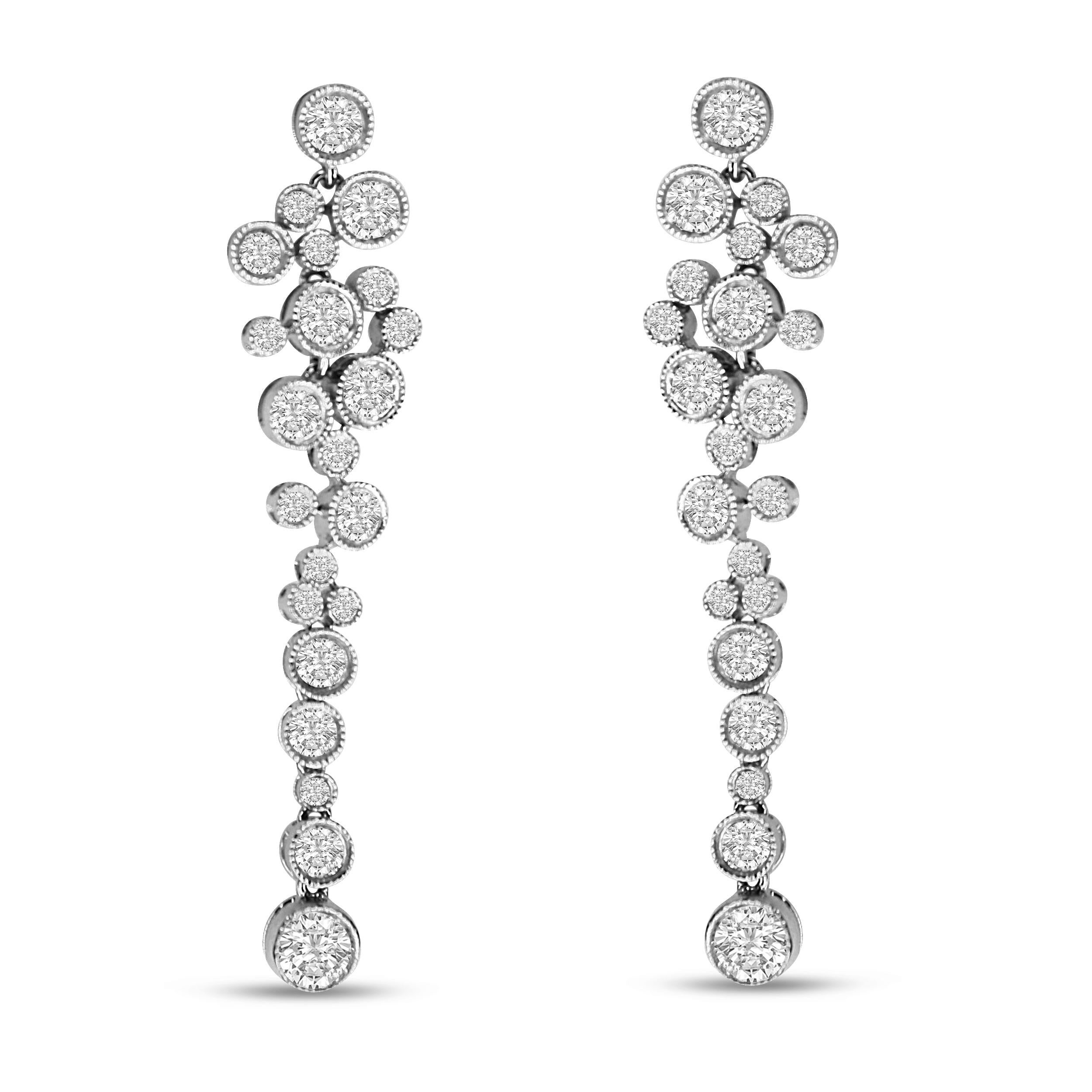 Contemporary 18K White Gold 3.15 Carat Round Diamond Waterfall Drop Dangle Stud Earrings For Sale