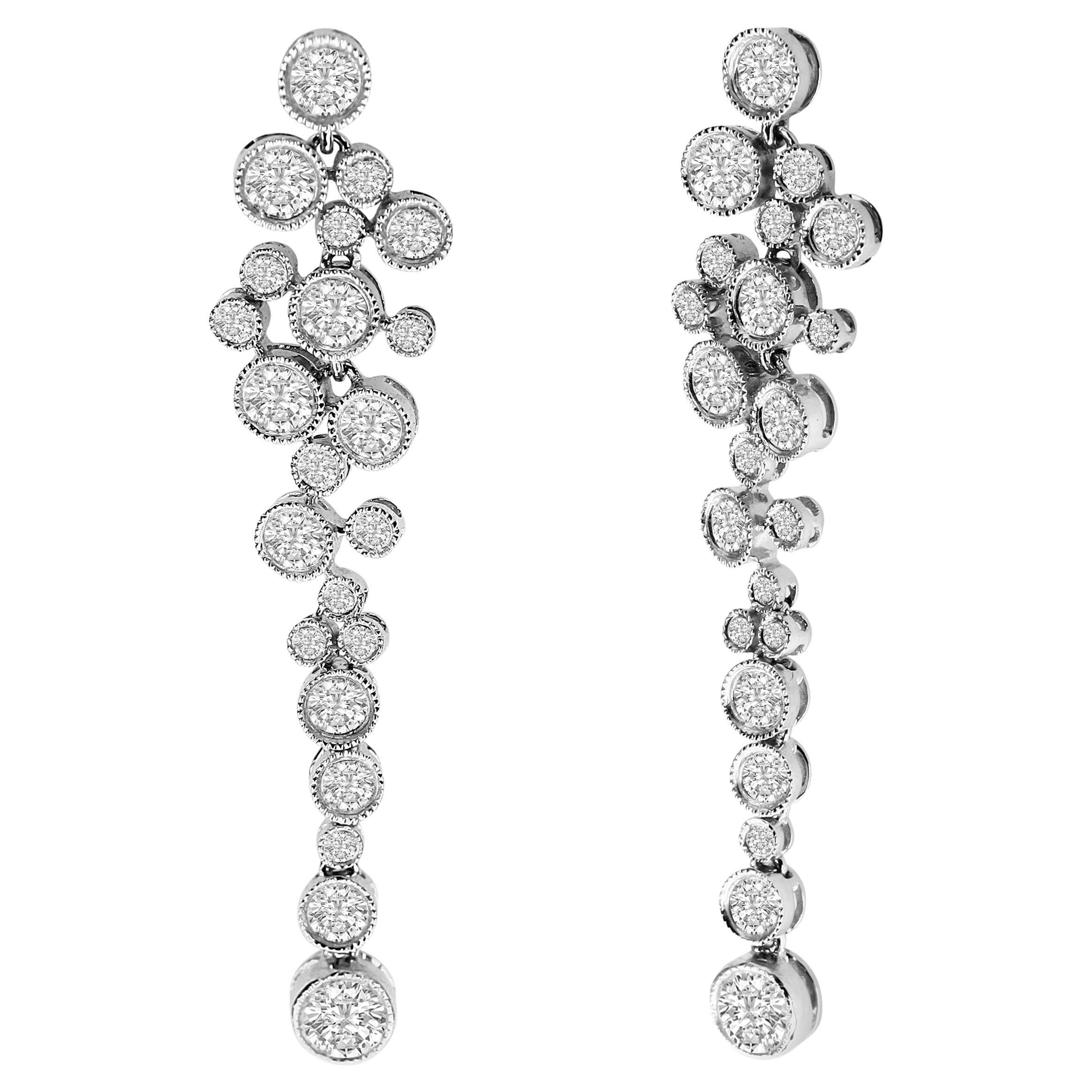 18K White Gold 3.15 Carat Round Diamond Waterfall Drop Dangle Stud Earrings