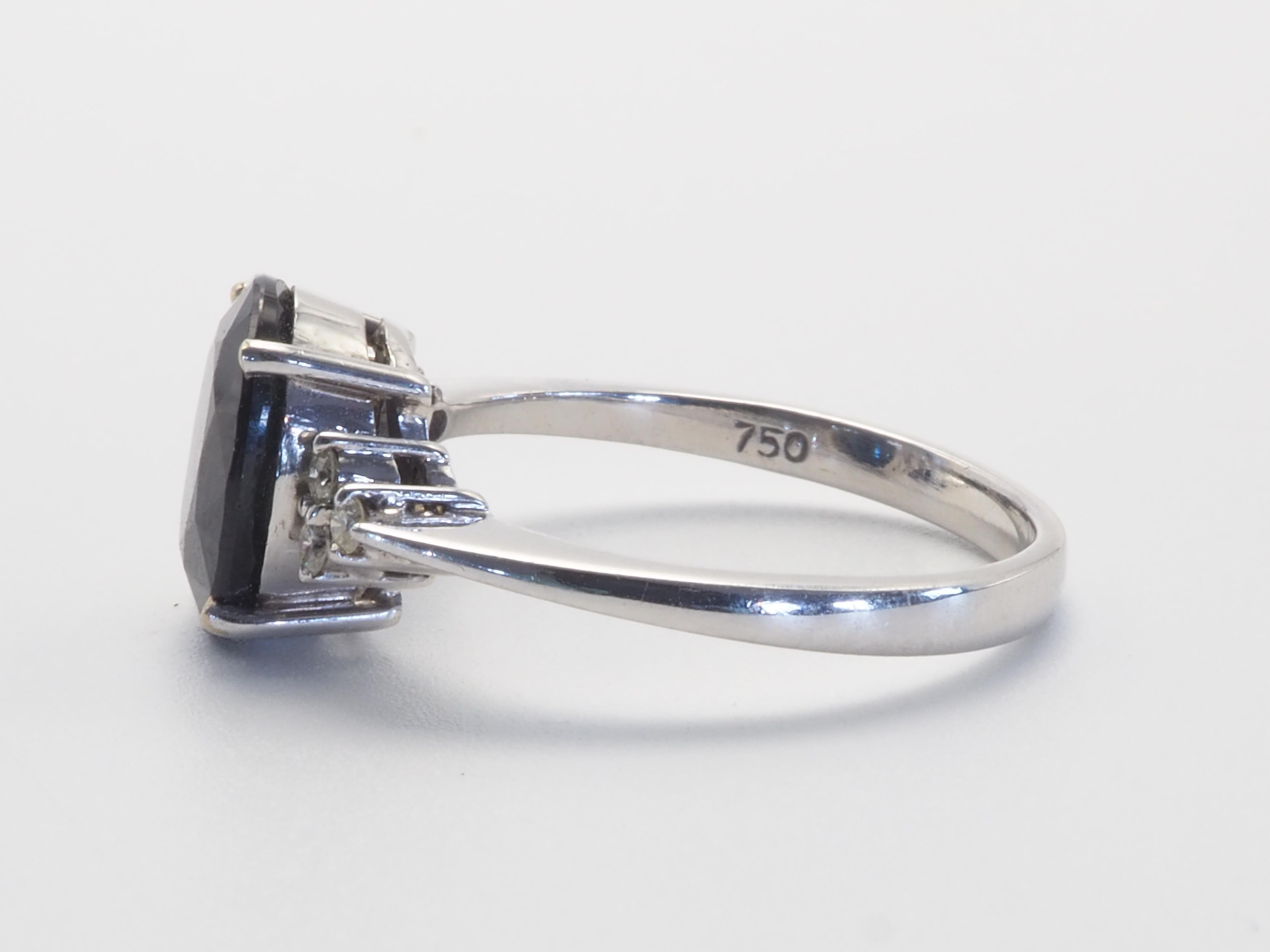Oval Cut 18K White Gold 3.16ct Inky Blue Sapphire & 0.12ct Diamond Fine Engagement Ring