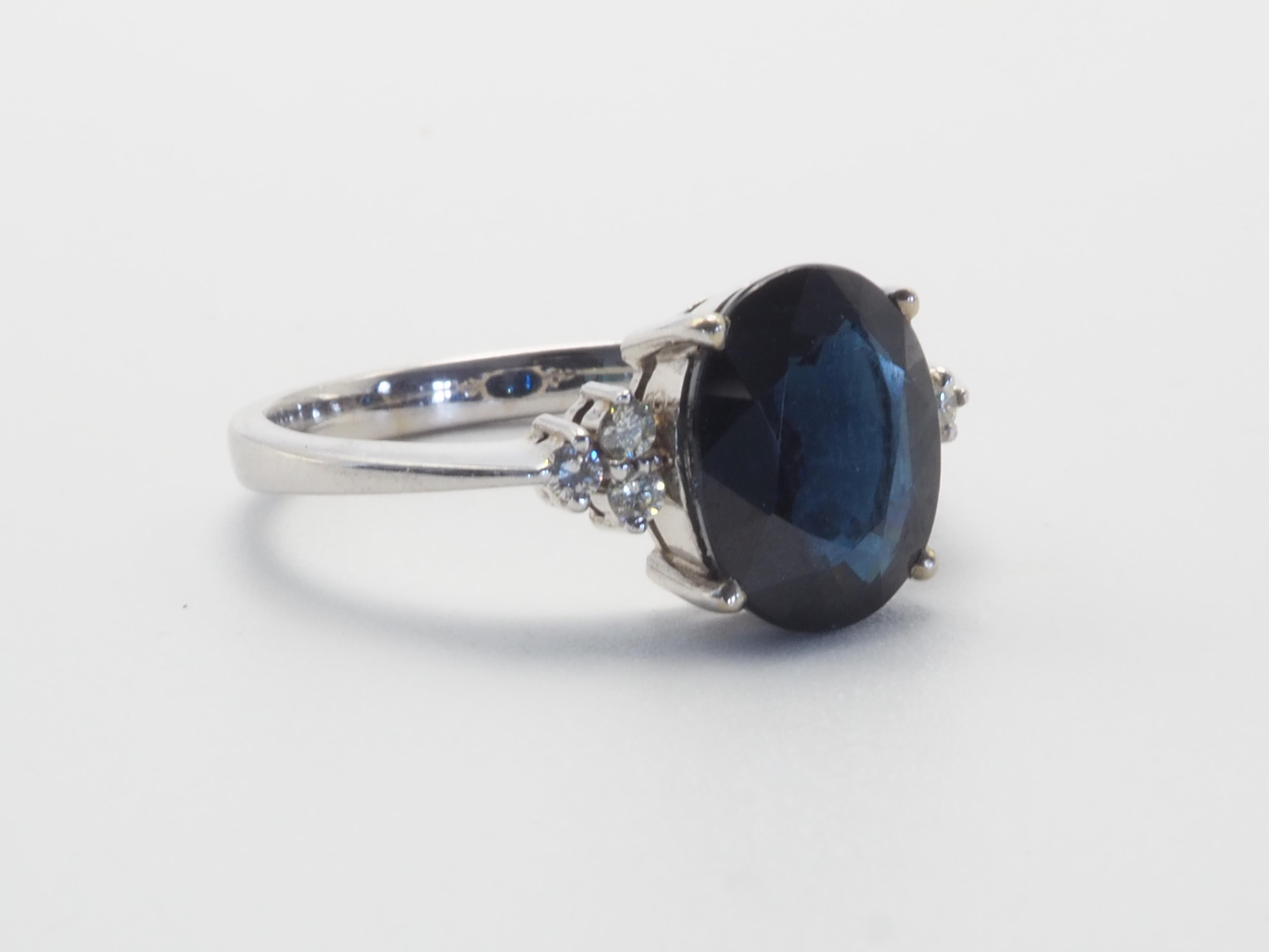 Women's 18K White Gold 3.16ct Inky Blue Sapphire & 0.12ct Diamond Fine Engagement Ring