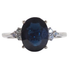 18K White Gold 3.16ct Inky Blue Sapphire & 0.12ct Diamond Fine Engagement Ring