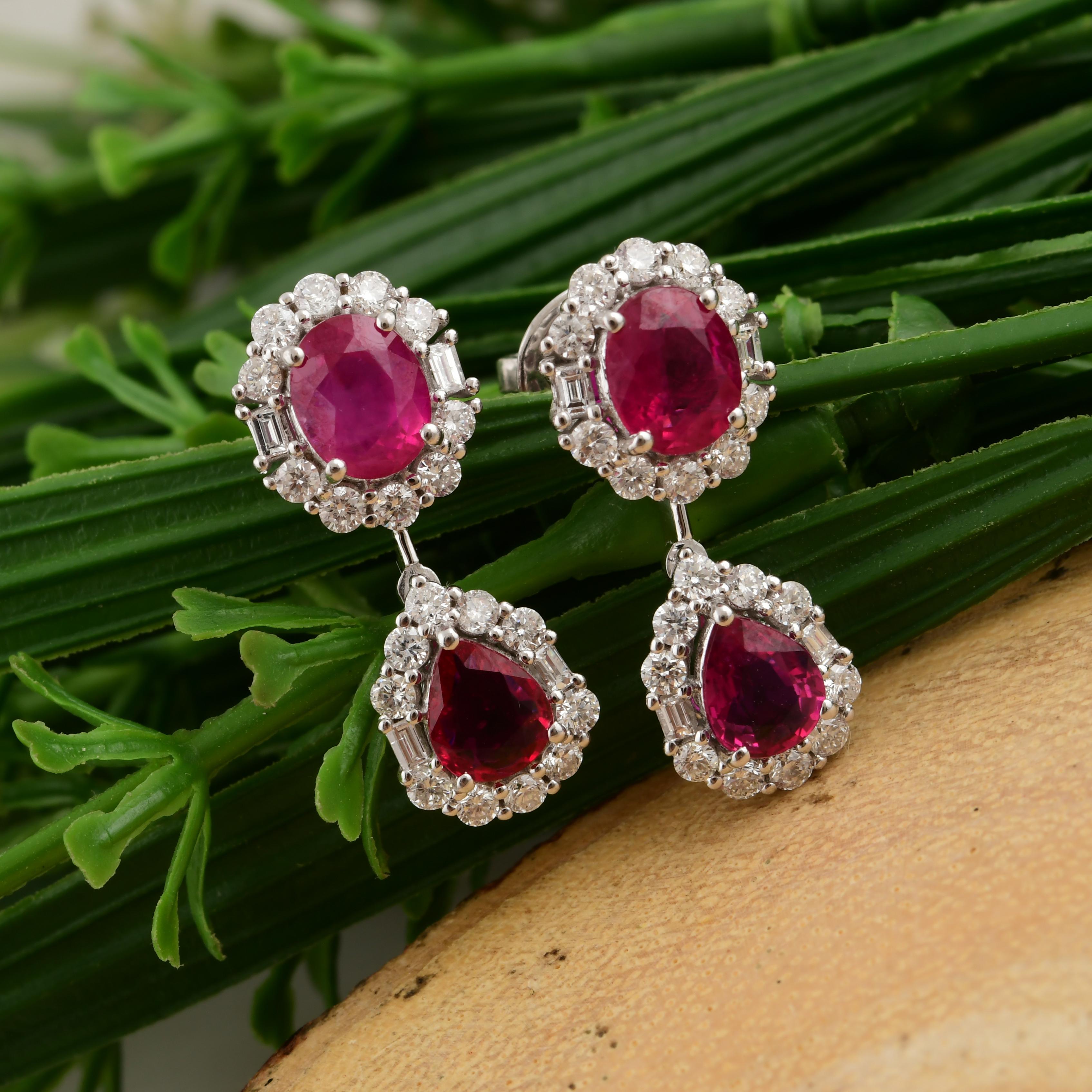 Cast from 18-karat gold, these exquisite earrings are handset with 3.16 carats of ruby and 1 carats of sparkling diamonds. Ruby is a July birthstone and is believed to promotes emotional healing and in attracting wealth. A wonderful gift for Mom,