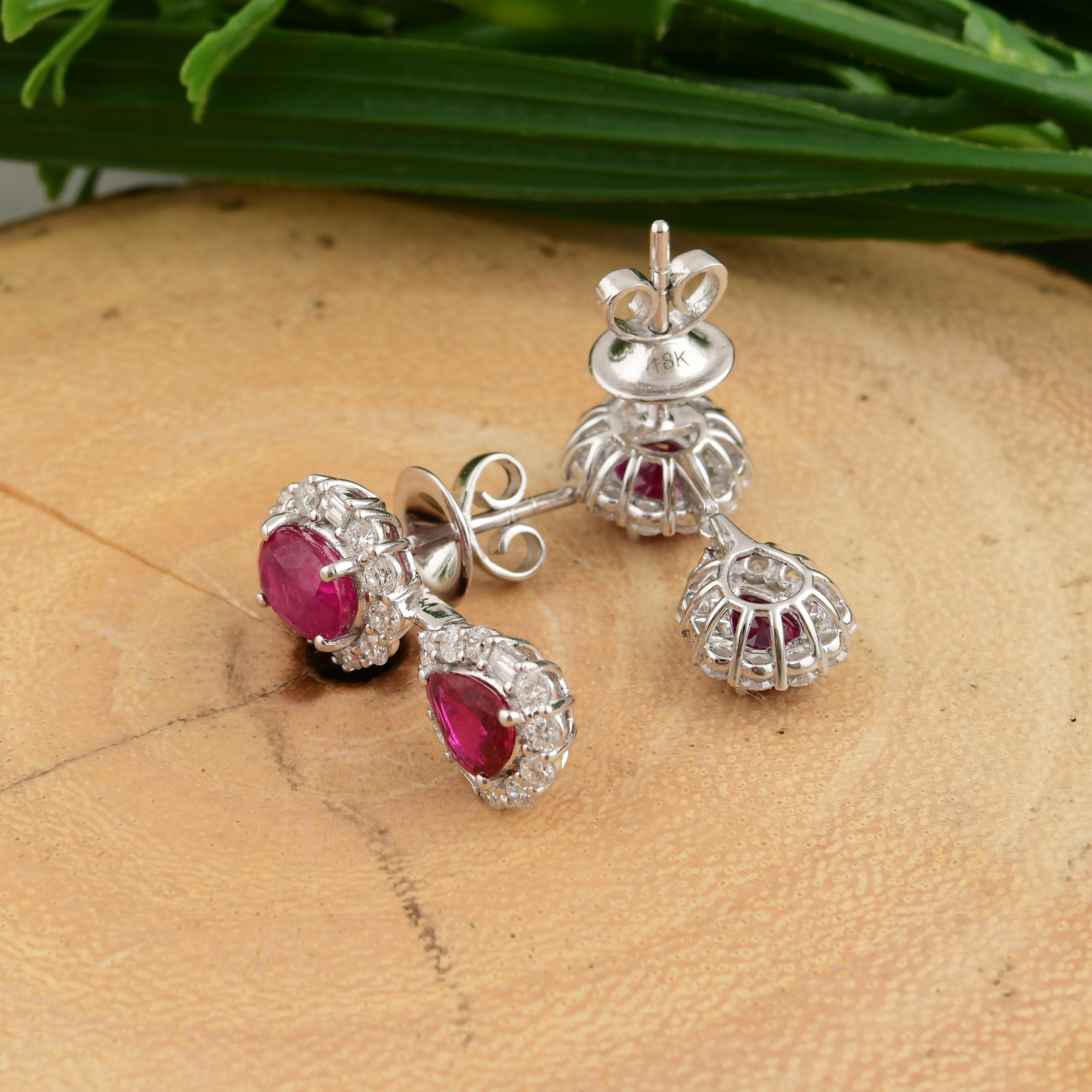 Art Deco 18k White Gold 3.16cts Ruby 1cts Halo Diamond Dangle Earrings For Sale