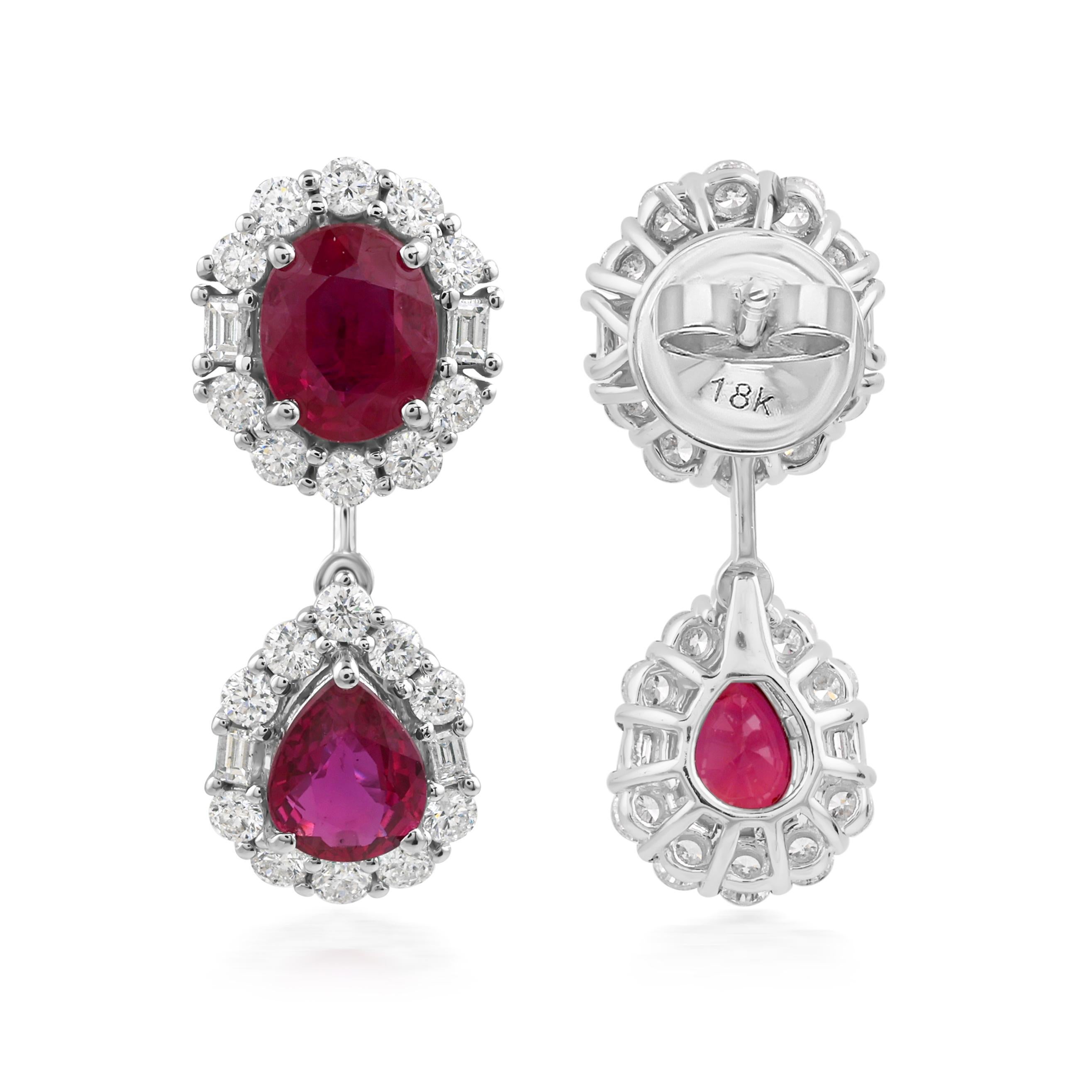 Women's 18k White Gold 3.16cts Ruby 1cts Halo Diamond Dangle Earrings For Sale