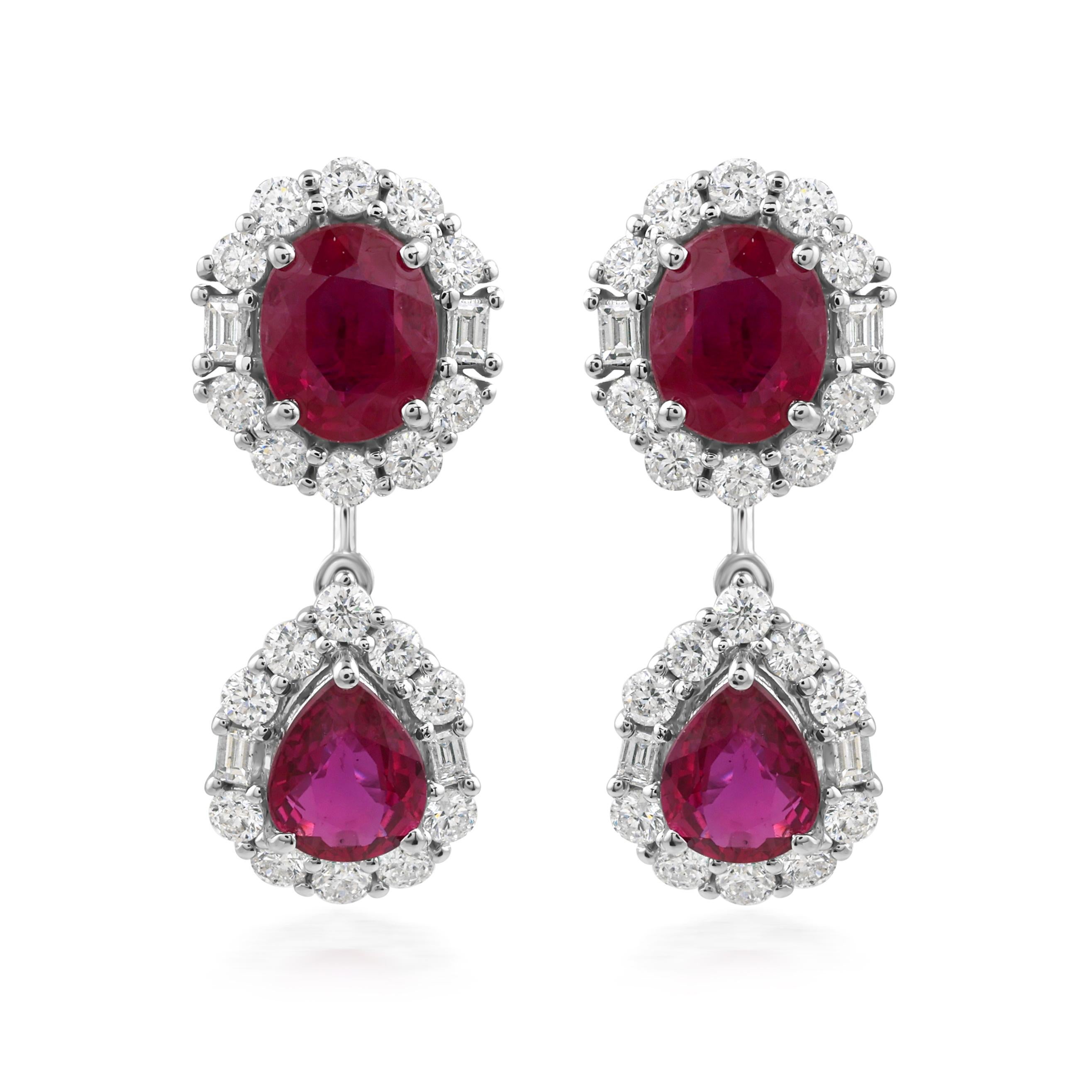 18k White Gold 3.16cts Ruby 1cts Halo Diamond Dangle Earrings For Sale 1