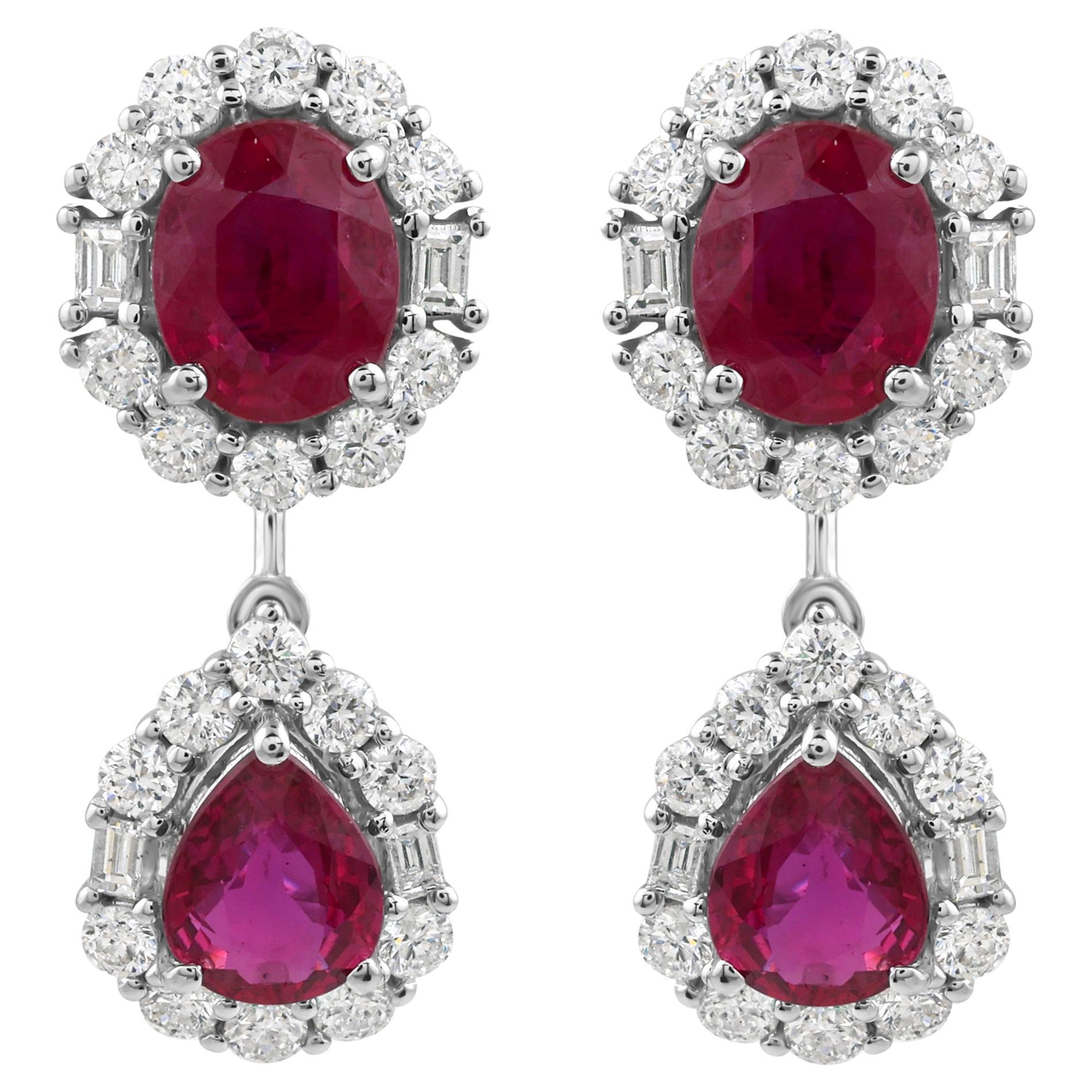 18k White Gold 3.16cts Ruby 1cts Halo Diamond Dangle Earrings For Sale
