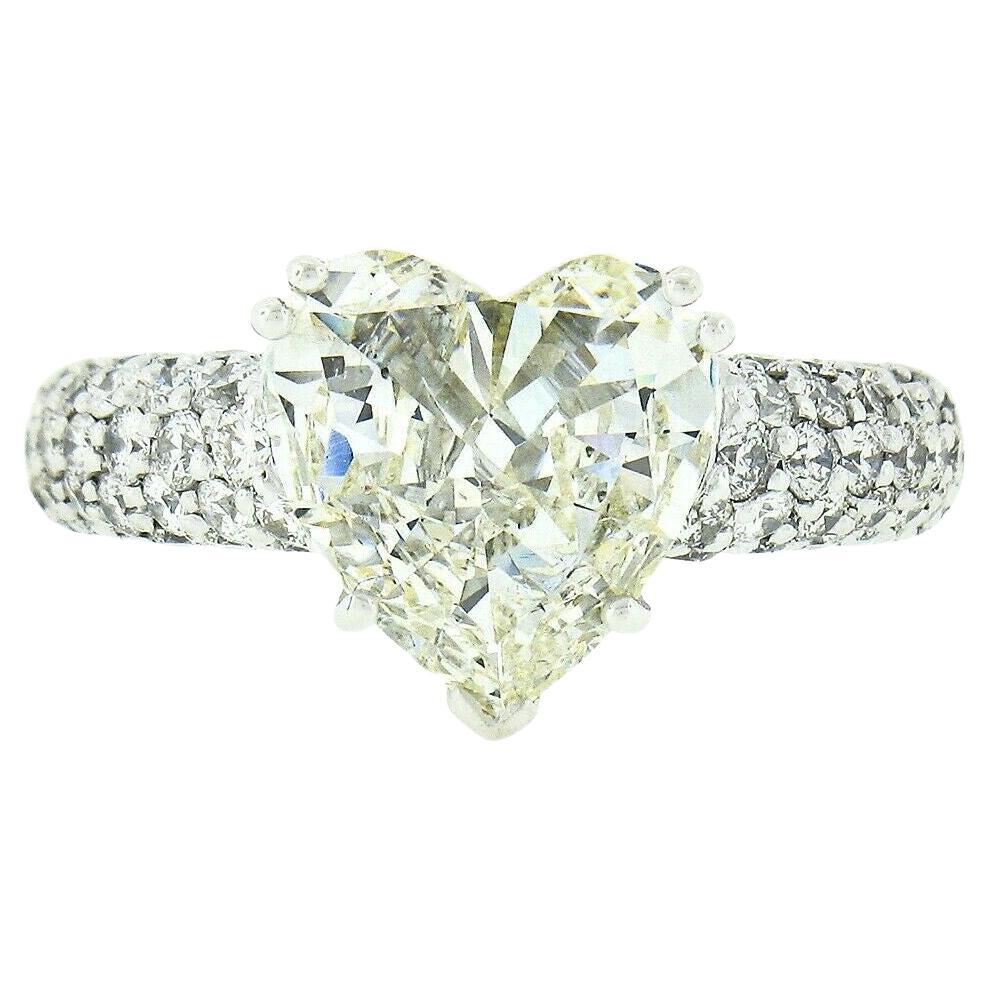 18k White Gold 3.17ctw Heart Diamond Solitaire w/ Pave Shoulders Engagement Ring