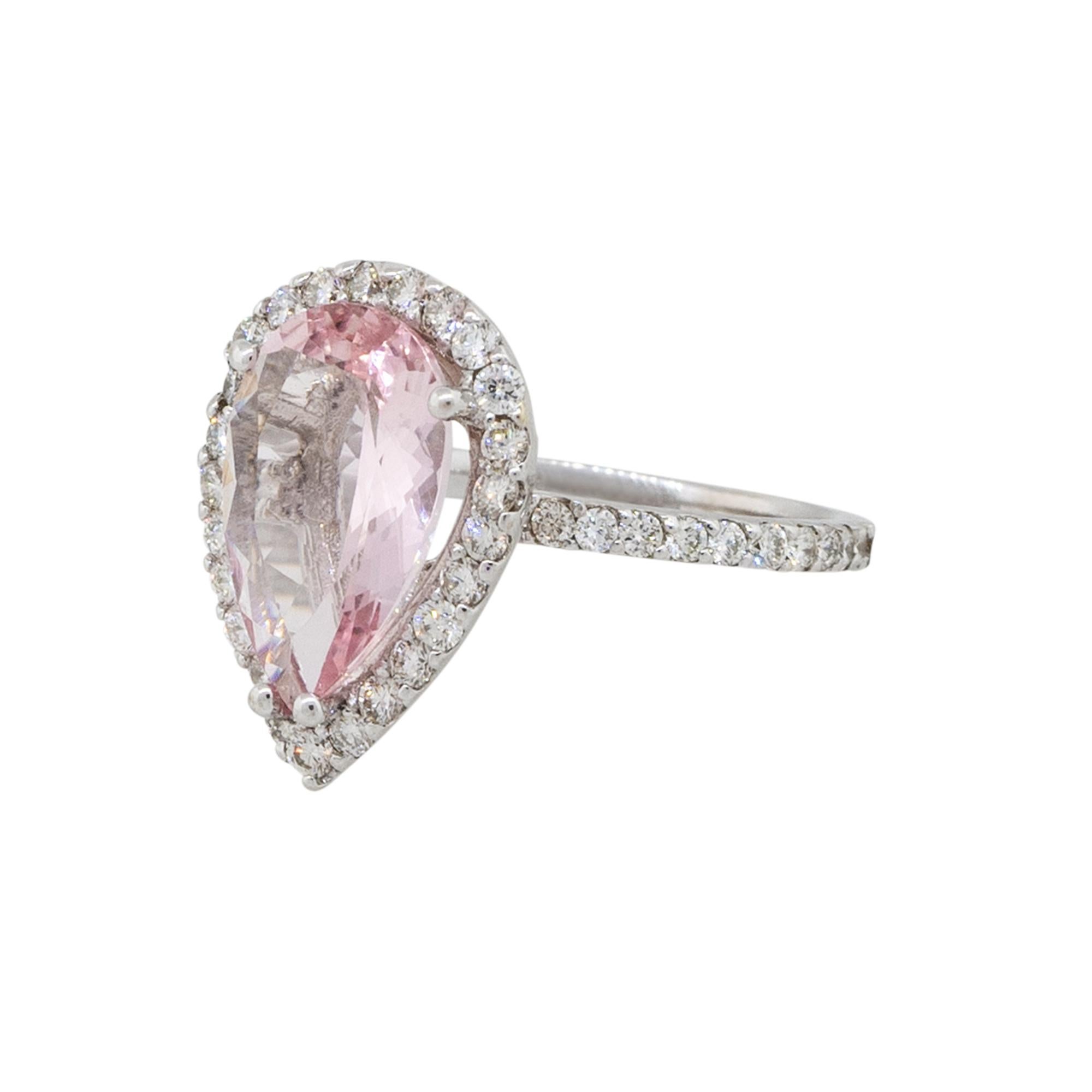 Material: 18k White Gold
Diamond Details: Approx. 0.92ctw of round cut Diamonds. Diamonds are H in color and VS in clarity
Gemstone Details: Approx. 3.19ctw Pear shape Morganite gemstone
Size: 6.75
Total weight: 4.8g (3.1dwt) 
Measurements: 0.75
