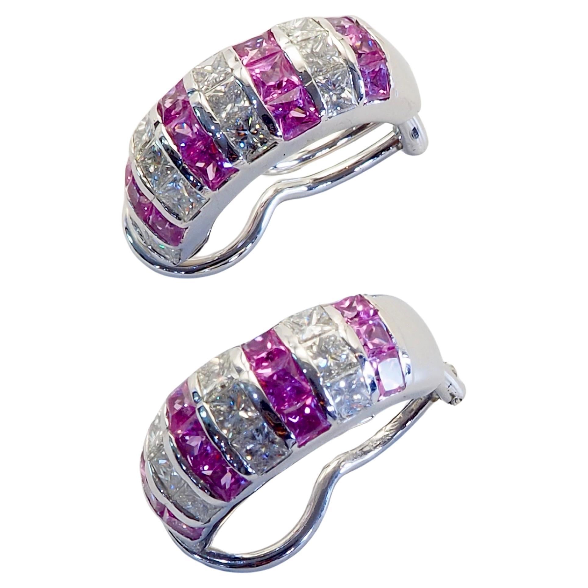 18 Karat Weißgold 3,20 Karat quadratischer rosa Saphir & 2,30 Karat Diamant-Ohrclip-Ohrring im Zustand „Neu“ im Angebot in เกาะสมุย, TH