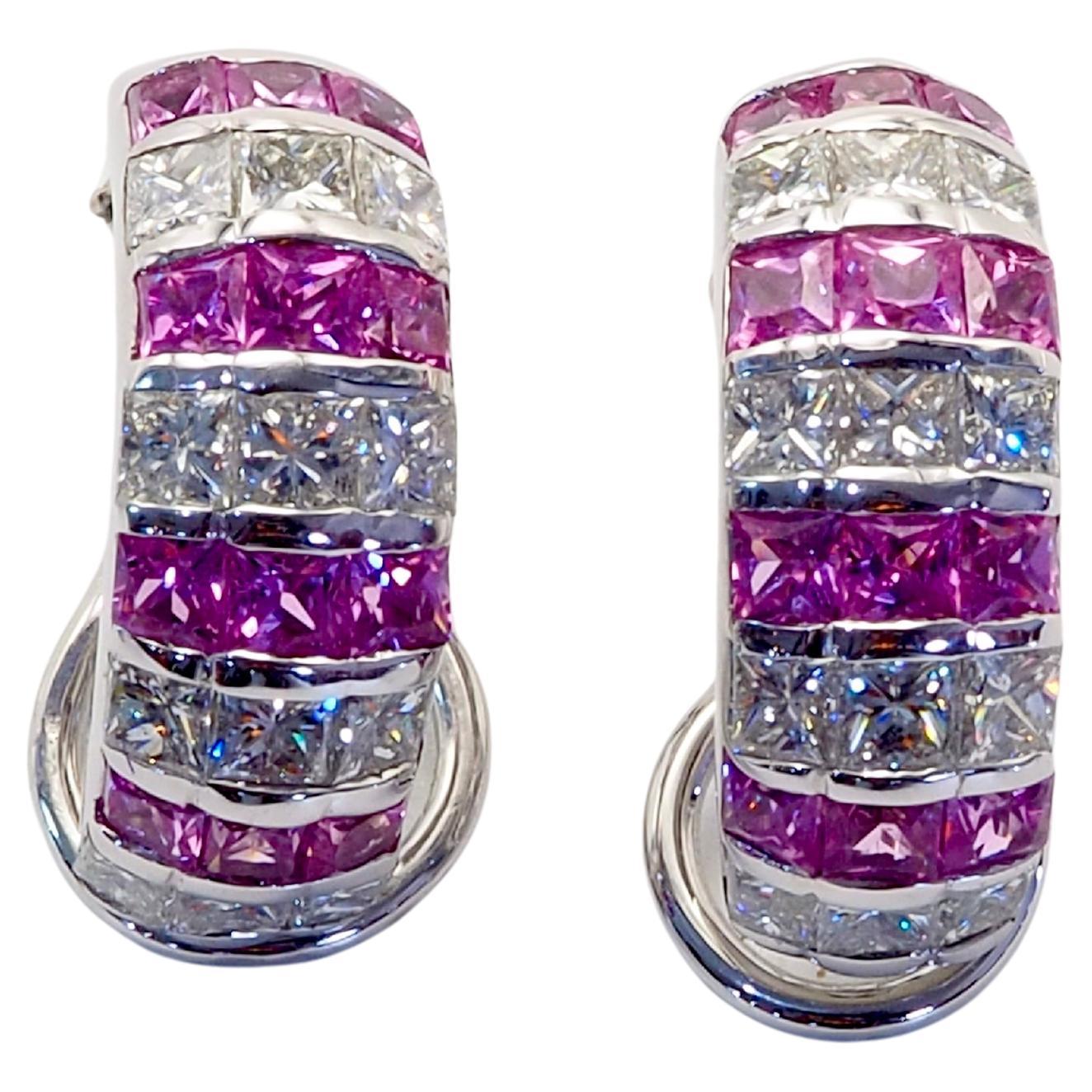 18 Karat Weißgold 3,20 Karat quadratischer rosa Saphir & 2,30 Karat Diamant-Ohrclip-Ohrring