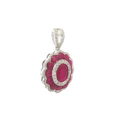 18k White Gold 3.22ctw Oval Ruby & Diamond Cluster Scalloped Flower Pendant