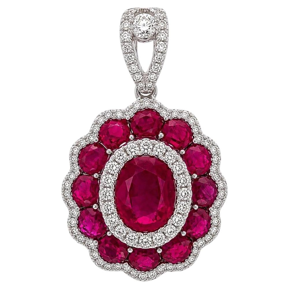 18k White Gold 3.22ctw Oval Ruby & Diamond Cluster Scalloped Flower Pendant