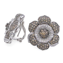 18k White Gold 3.22tcw Brown & White Diamond Flower Omega Back Earrings
