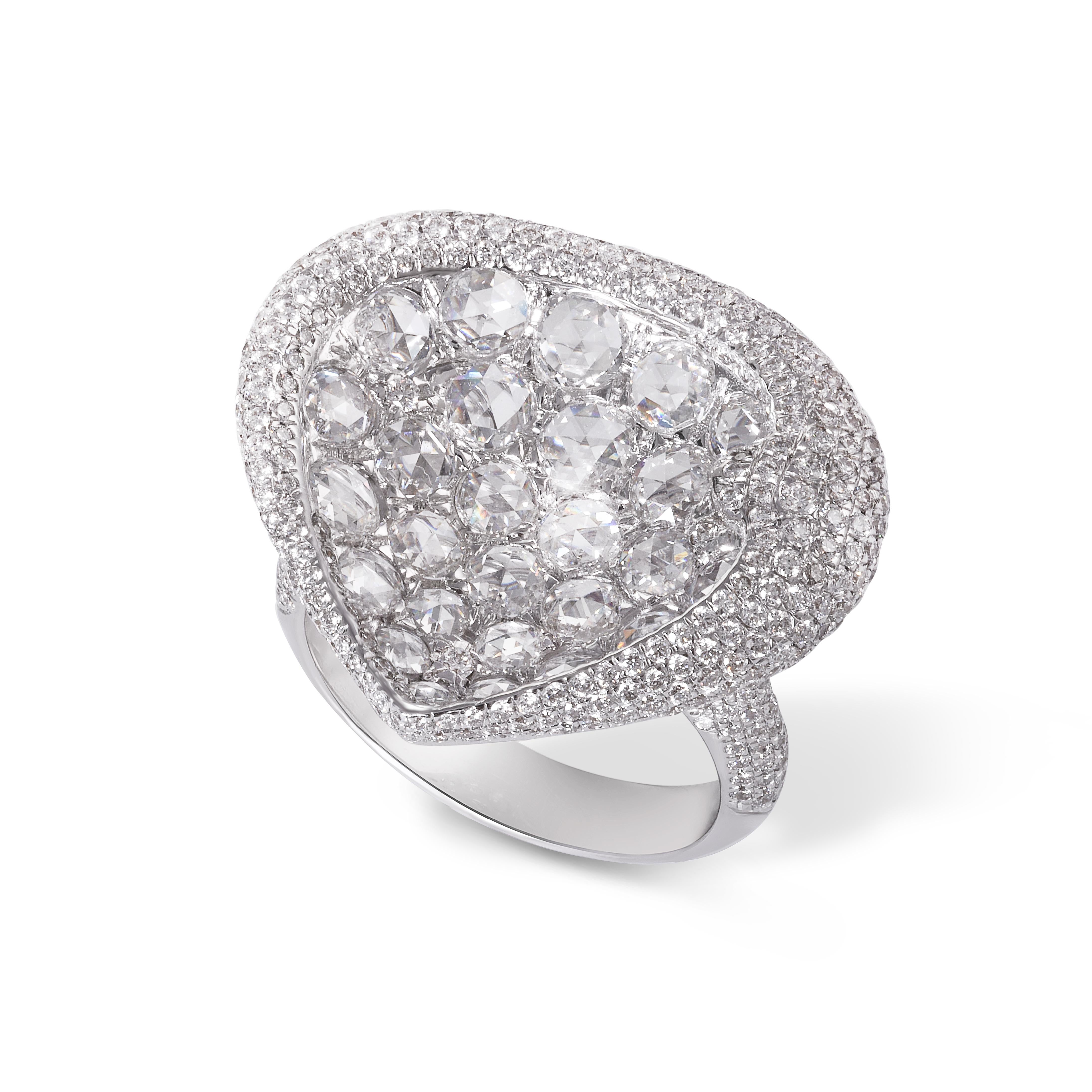 This striking one of a kind diamond ring showcases Rarever's fine craftsmanship. 1.75cts of rose cut diamonds are arranged in a bowl-like formation and framed with 1.52cts of finely set round brilliant cut diamonds to further enhance the leaf-shaped