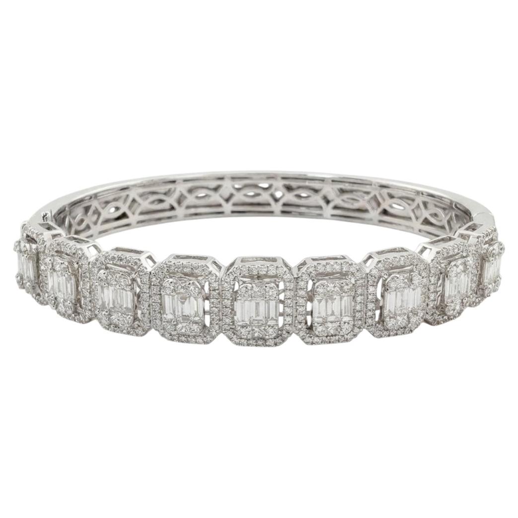 18K White Gold 3.30 Carat Baguette Round Princess Diamond Bangle