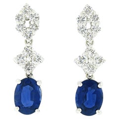 18k White Gold 3.30ct Oval Blue Sapphire w/ Diamond Cluster Drop Dangle Earrings