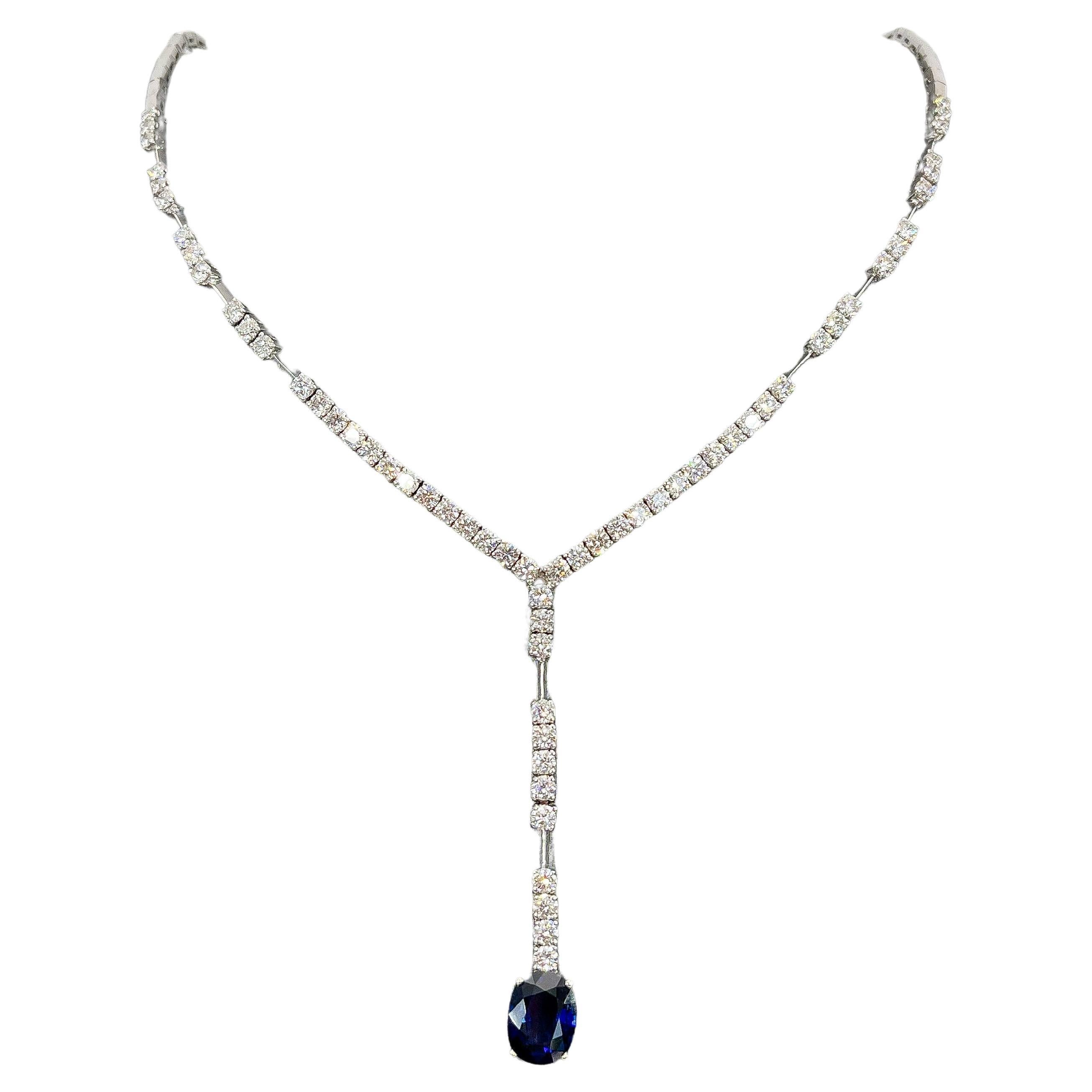 18K White Gold 3.32 CT Sapphire and 7 CTW Diamond "Y" Necklace For Sale