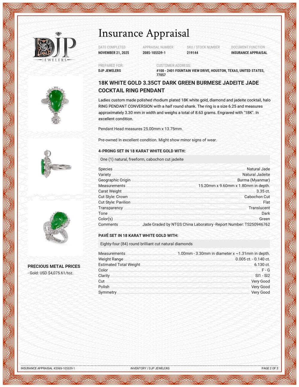 18K Weißgold 3,35ct dunkelgrüner burmesischer Jadeit Jade Cocktail Ring Anhänger im Angebot 5