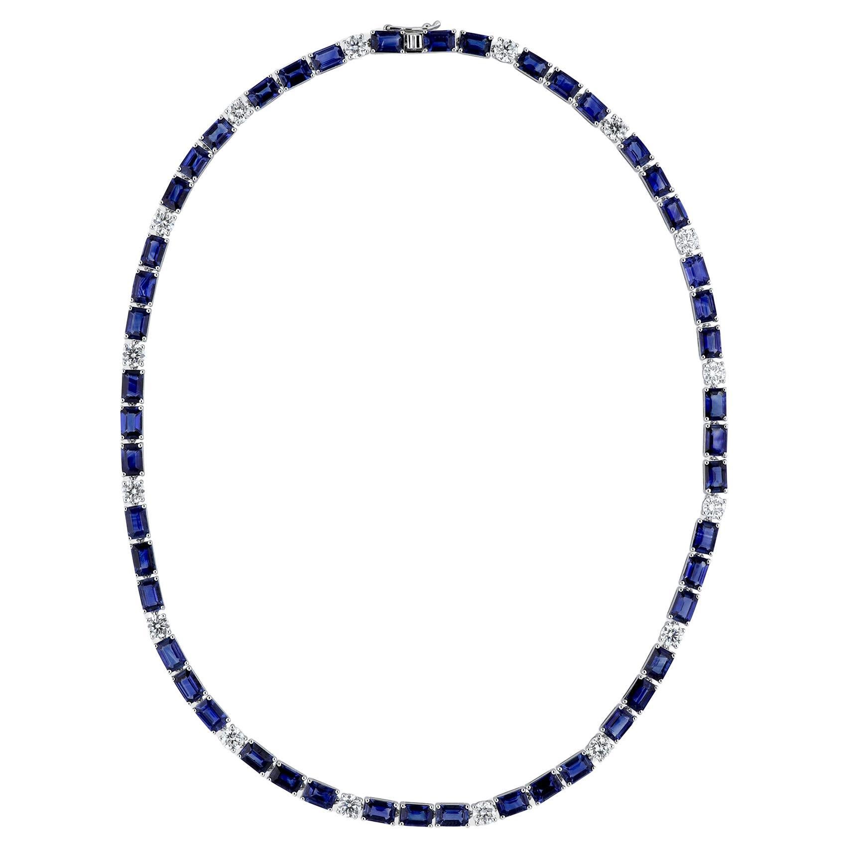 Collana Tennis in oro bianco 18K 33,71 TCW con zaffiro taglio smeraldo e diamante rotondo