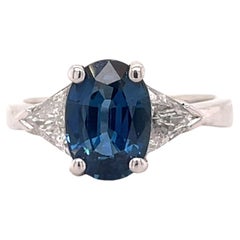 18k White Gold 3.37CT Oval Blue Sapphire W/ Trillion Cut Diamonds 3 Stone Ring
