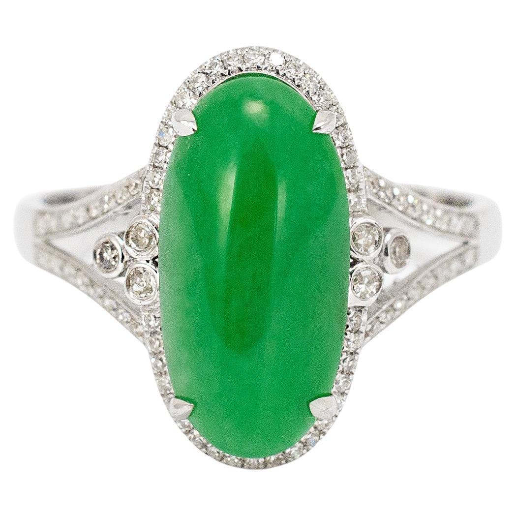 18K White Gold 3.40ct Delicate Green Jadeite Jade Diamond Cocktail Ring