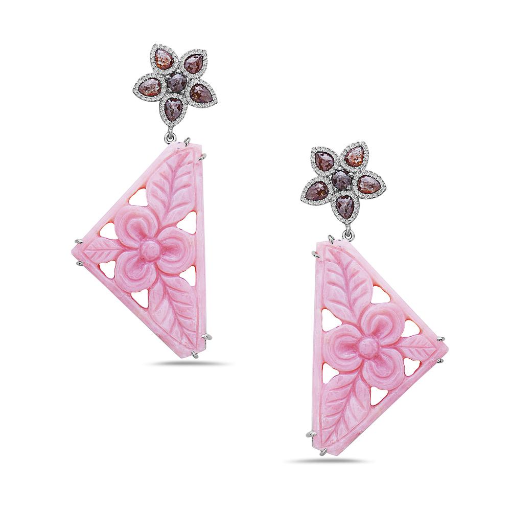 Artisan 18k White Gold 3.43 Ct Diamond 45.8 Ct Pink Opal Floral Carving Dangle Earrings