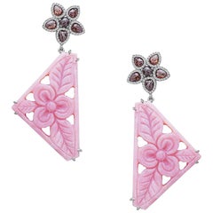 18k White Gold 3.43 Ct Diamond 45.8 Ct Pink Opal Floral Carving Dangle Earrings