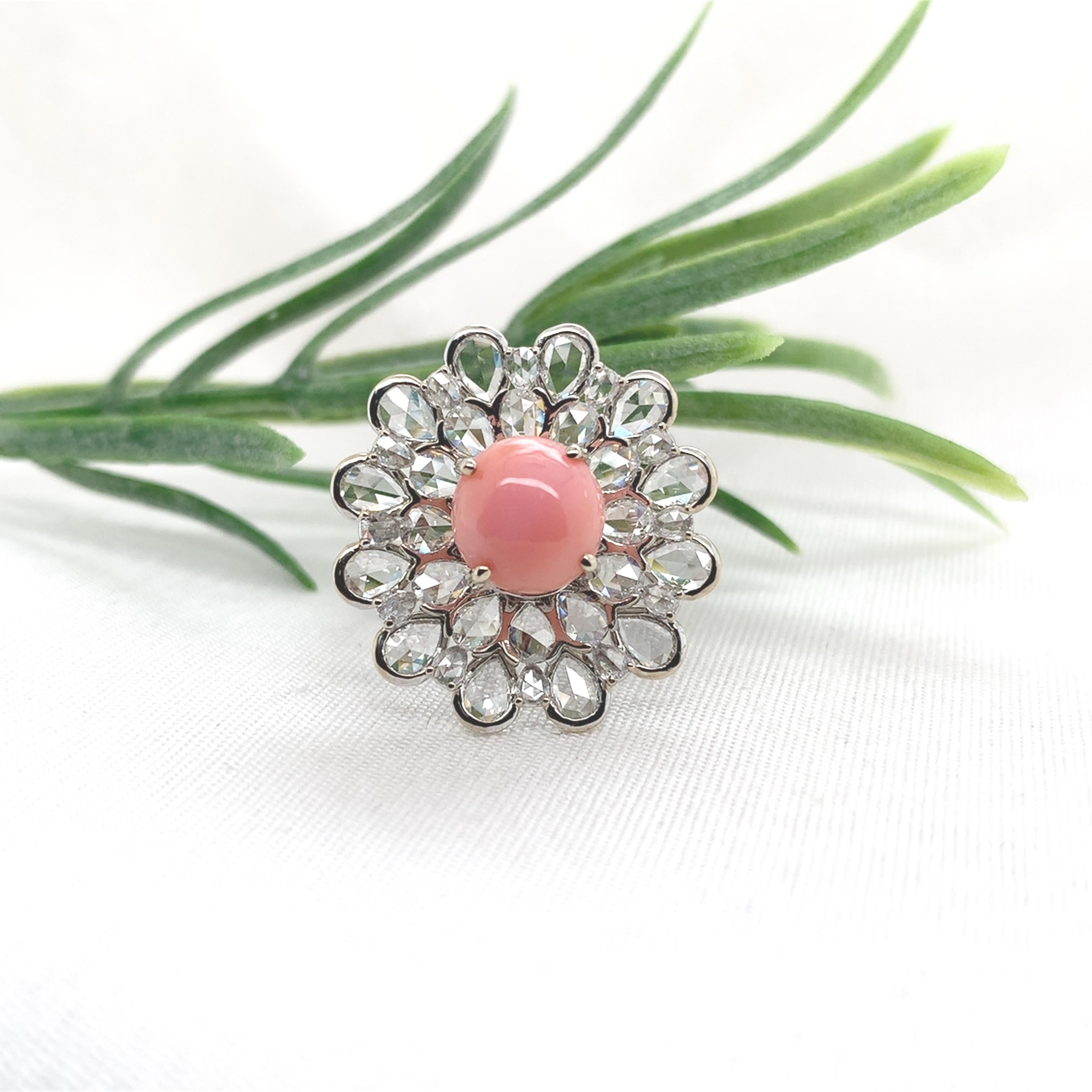 18K White Gold 3.46 carat Conch Pearl and Rose Cut Diamond Ring with GIA Report For Sale 1