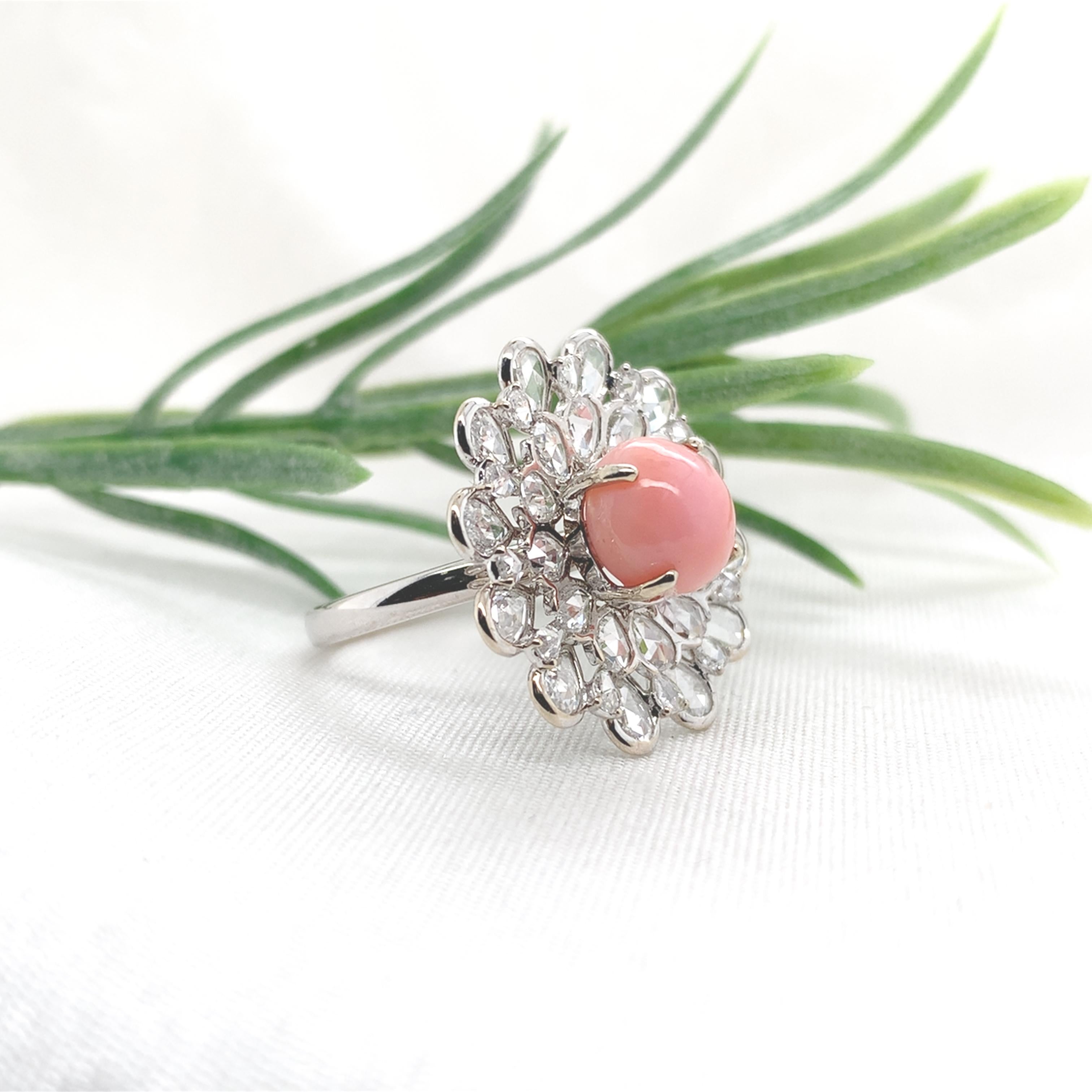 18K White Gold 3.46 carat Conch Pearl and Rose Cut Diamond Ring with GIA Report For Sale 2