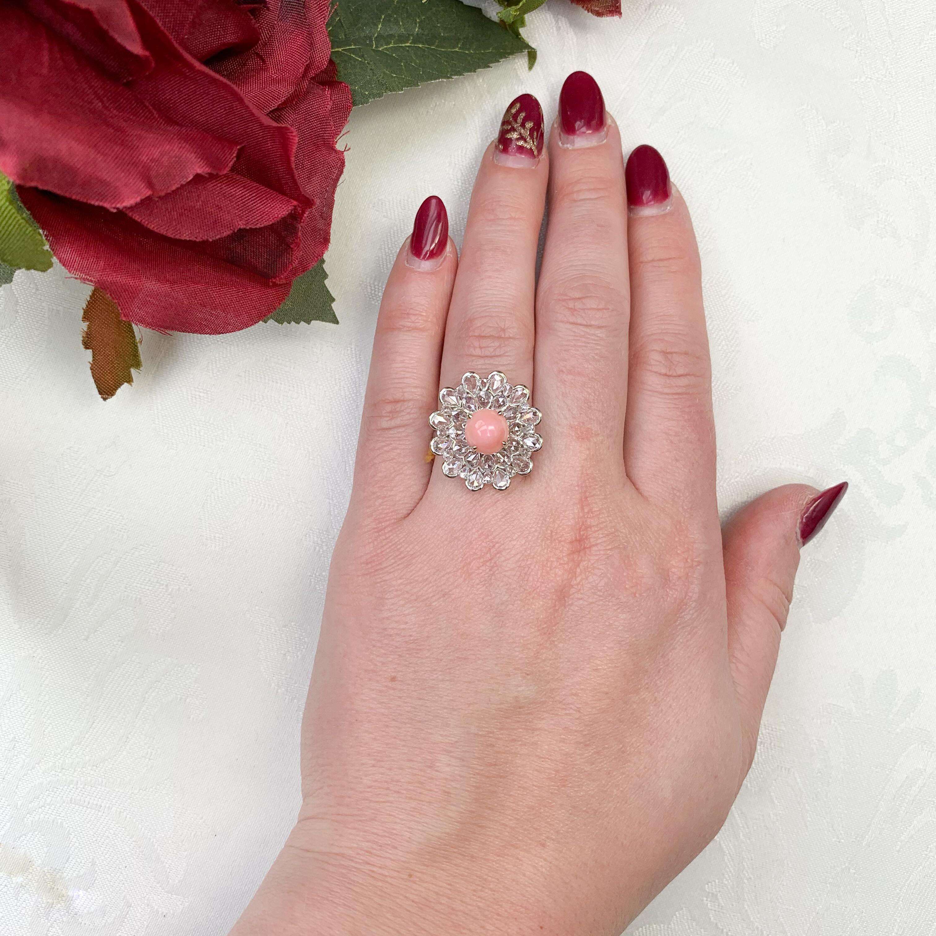18K White Gold 3.46 carat Conch Pearl and Rose Cut Diamond Ring with GIA Report For Sale 3
