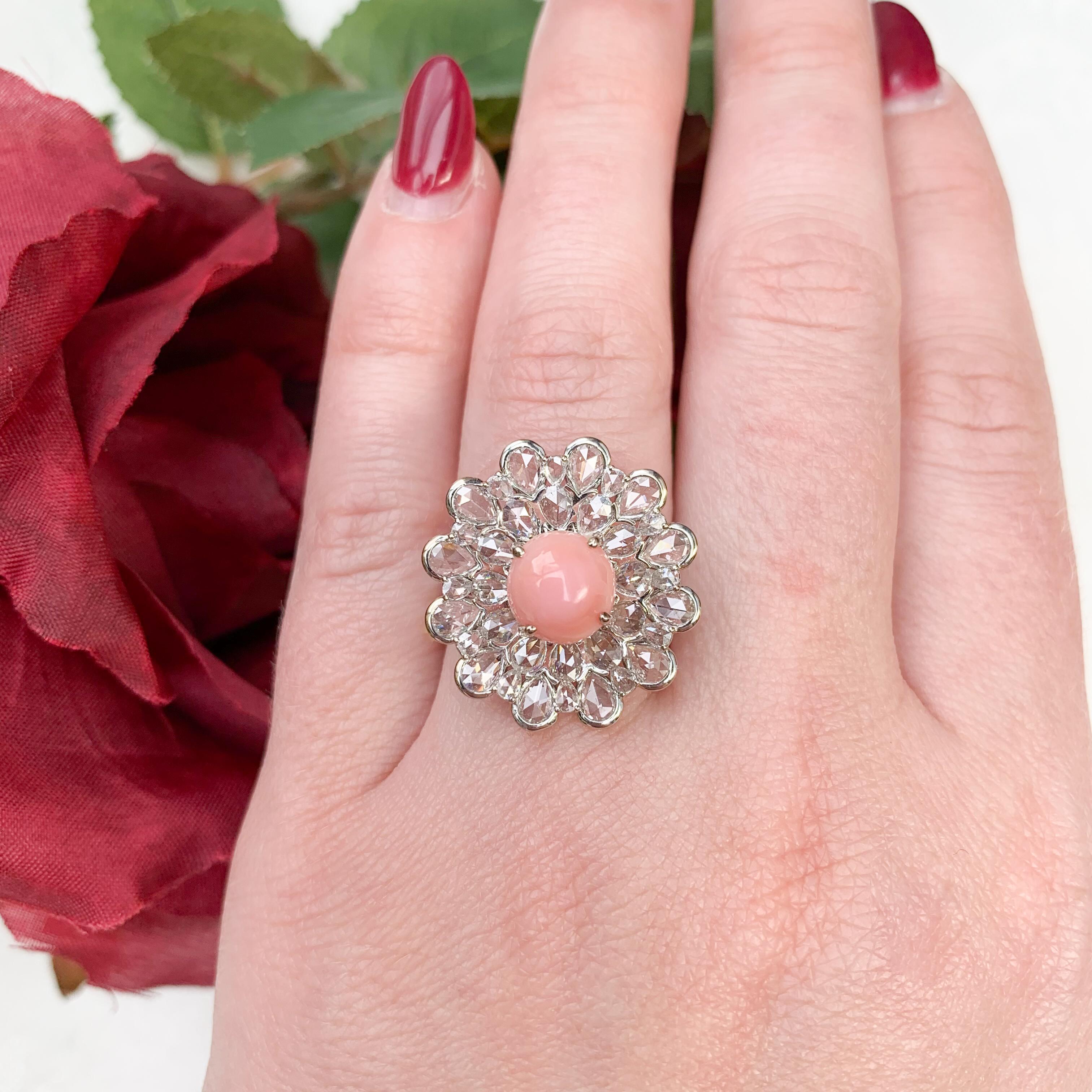 18K White Gold 3.46 carat Conch Pearl and Rose Cut Diamond Ring with GIA Report For Sale 4