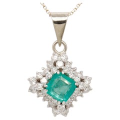 18K White Gold 3.48 TCW Natural Emerald and Diamond Halo Necklace Pendant
