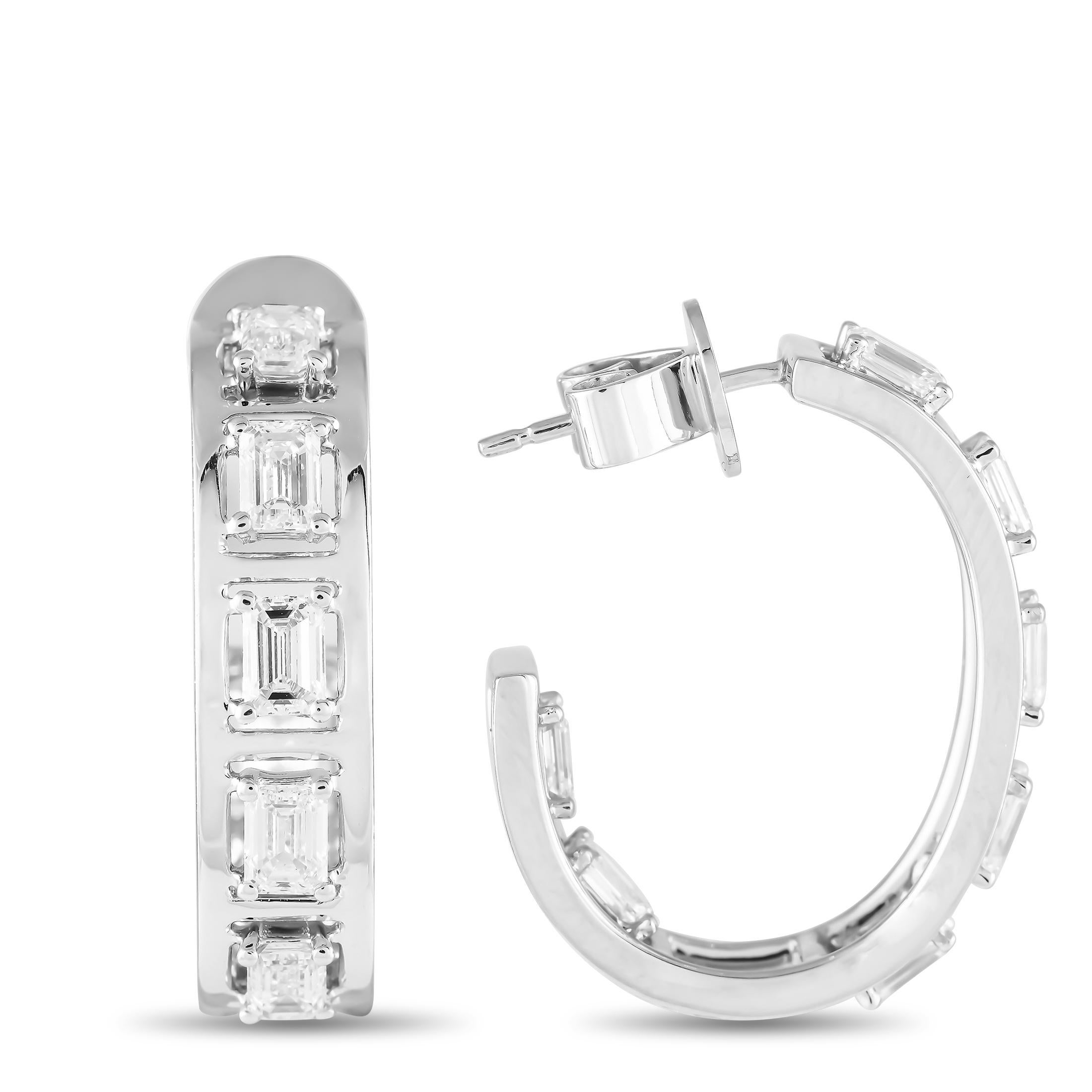 Ready to deliver showy flashes of light, these C-hoop earrings will frame your face and enhance the elegance of your look. They're cast in 18K white gold and set with emerald-cut diamonds that weigh 3.50 carats in total. For added shine, the inner