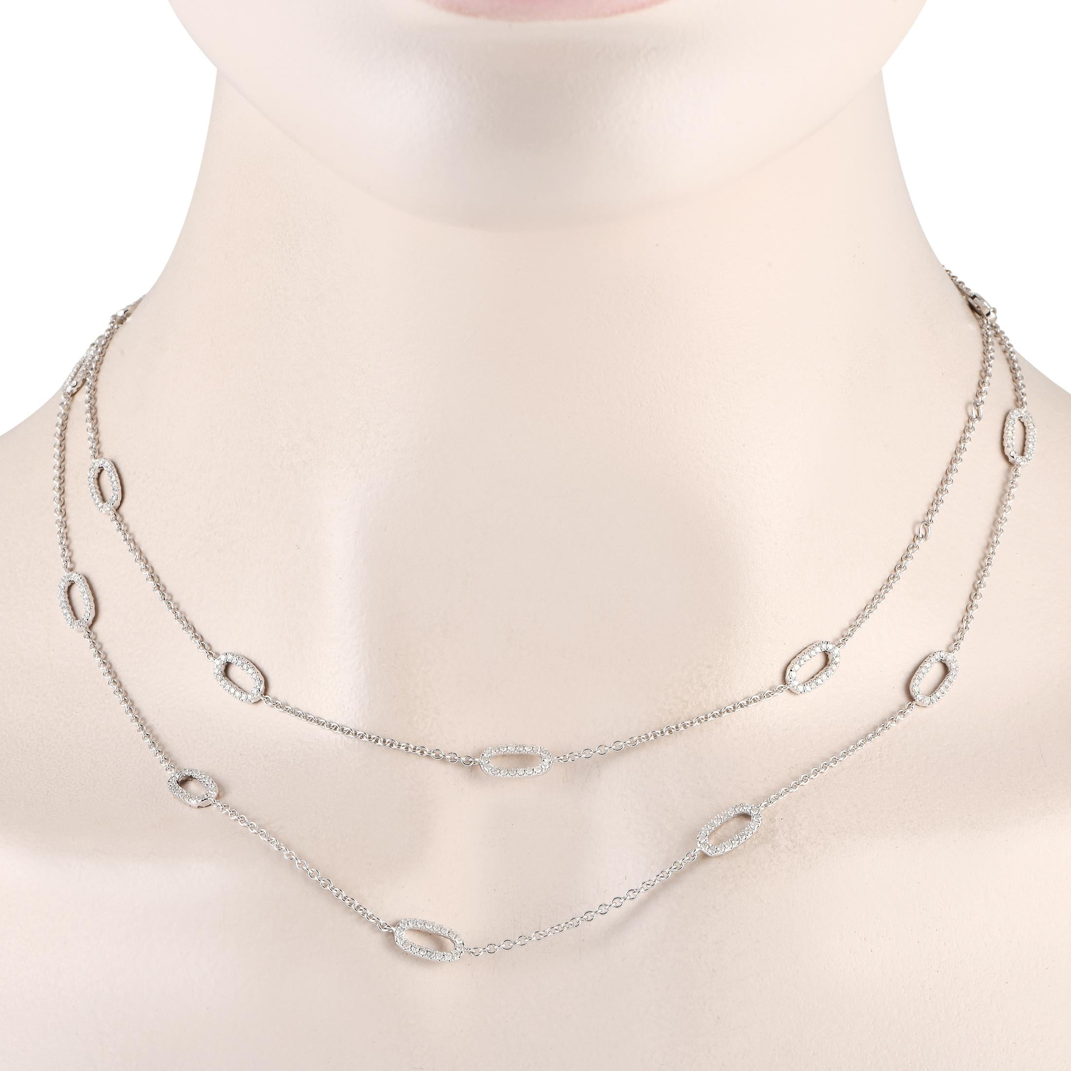 Featuring a delicate chain measuring 36 long, this exquisitely crafted necklace can be doubled up to create a stylish wrapped design. Crafted from opulent 18K white gold, the simple chain is elevated by oval links covered in diamonds with a total