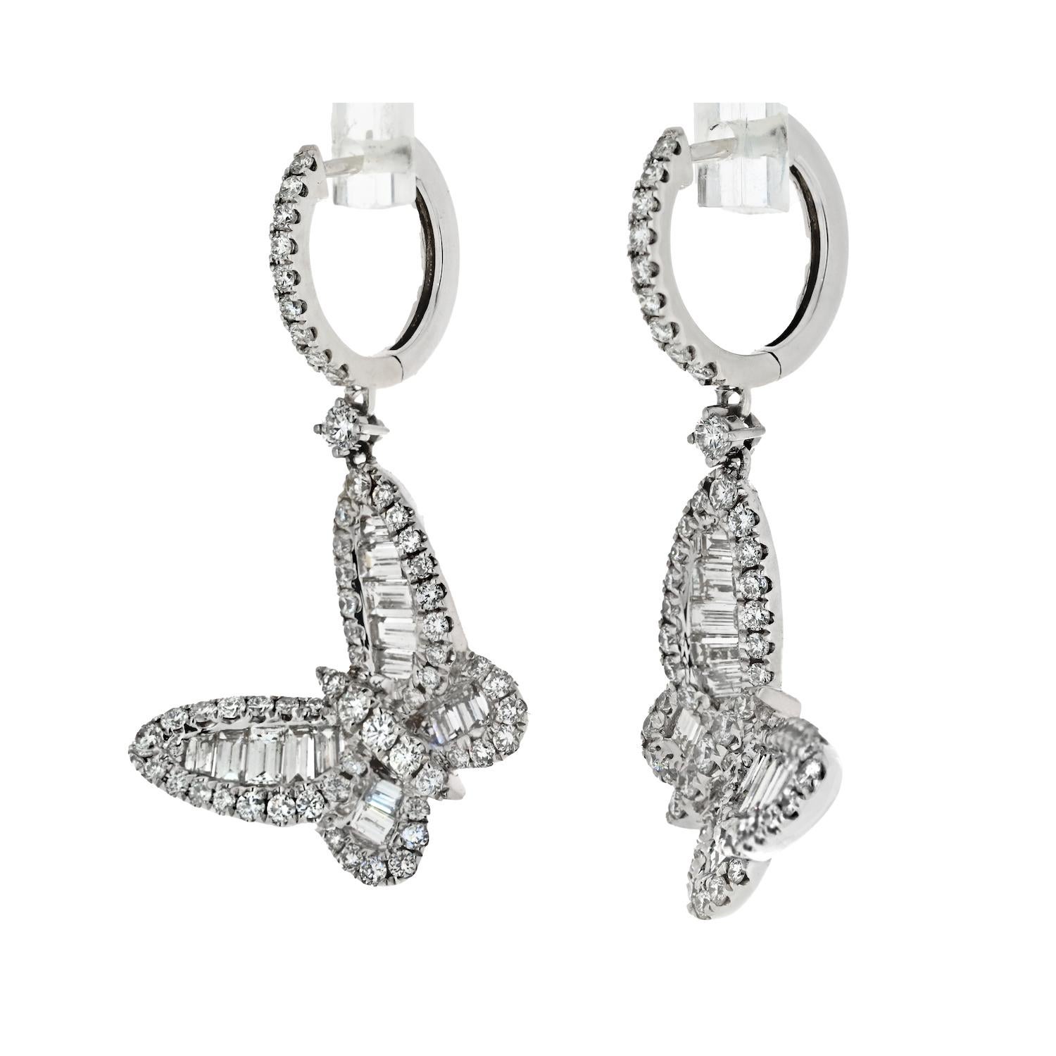 Modern 18K White Gold 3.50cttw Diamond Butterfly Dangling Earrings For Sale