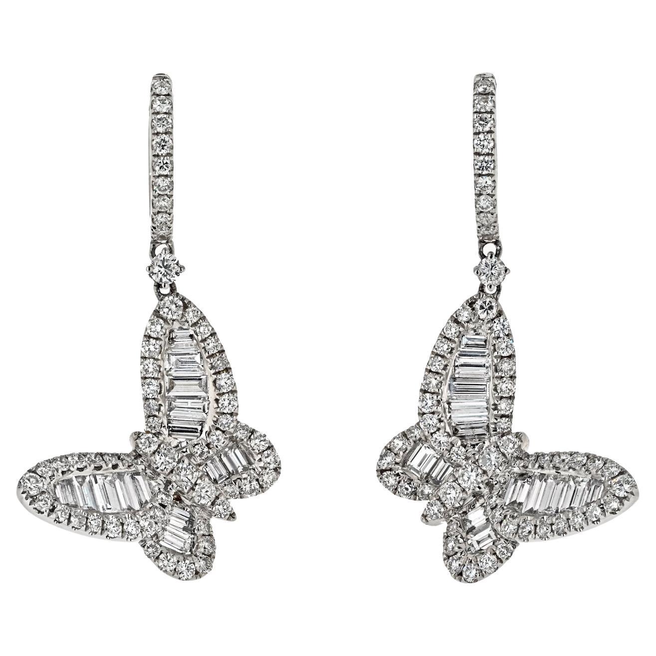 18K White Gold 3.50cttw Diamond Butterfly Dangling Earrings For Sale