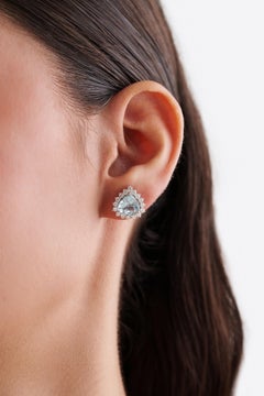 18K White Gold 3.55 Carat Trillion Cut Aquamarine & Diamond Halo Stud Earrings