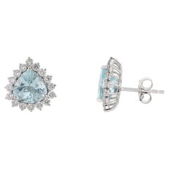 18K White Gold 3.55 Carat Trillion Cut Aquamarine & Diamond Halo Stud Earrings