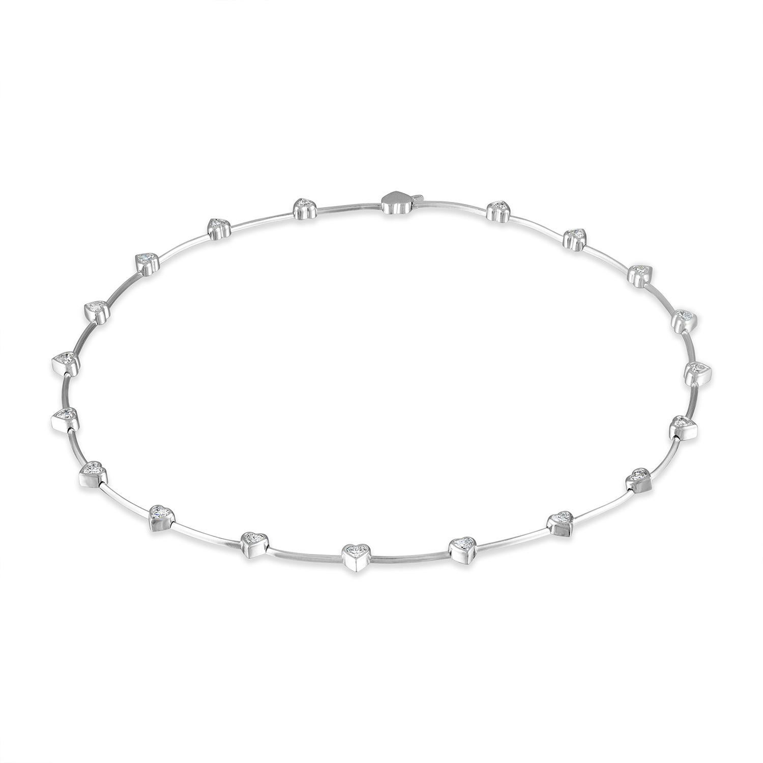 14 Inch Long, 19 Heart Shape Diamonds, Bezel set in 18K White Gold 3.60 CTW Necklace.