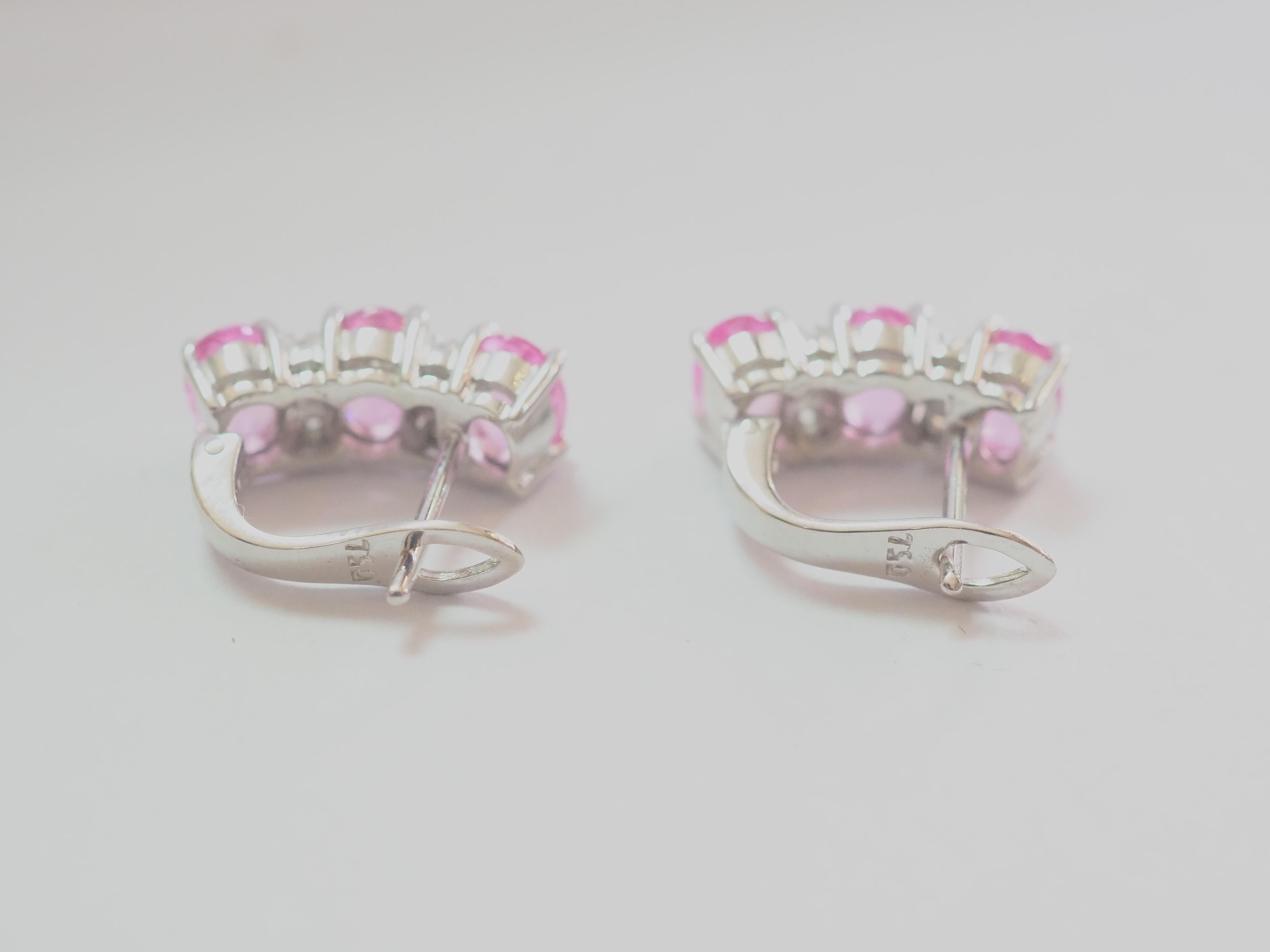 18K White Gold 3.60ct Pink Sapphire & 0.10ct Round Diamond Earrings In New Condition For Sale In เกาะสมุย, TH