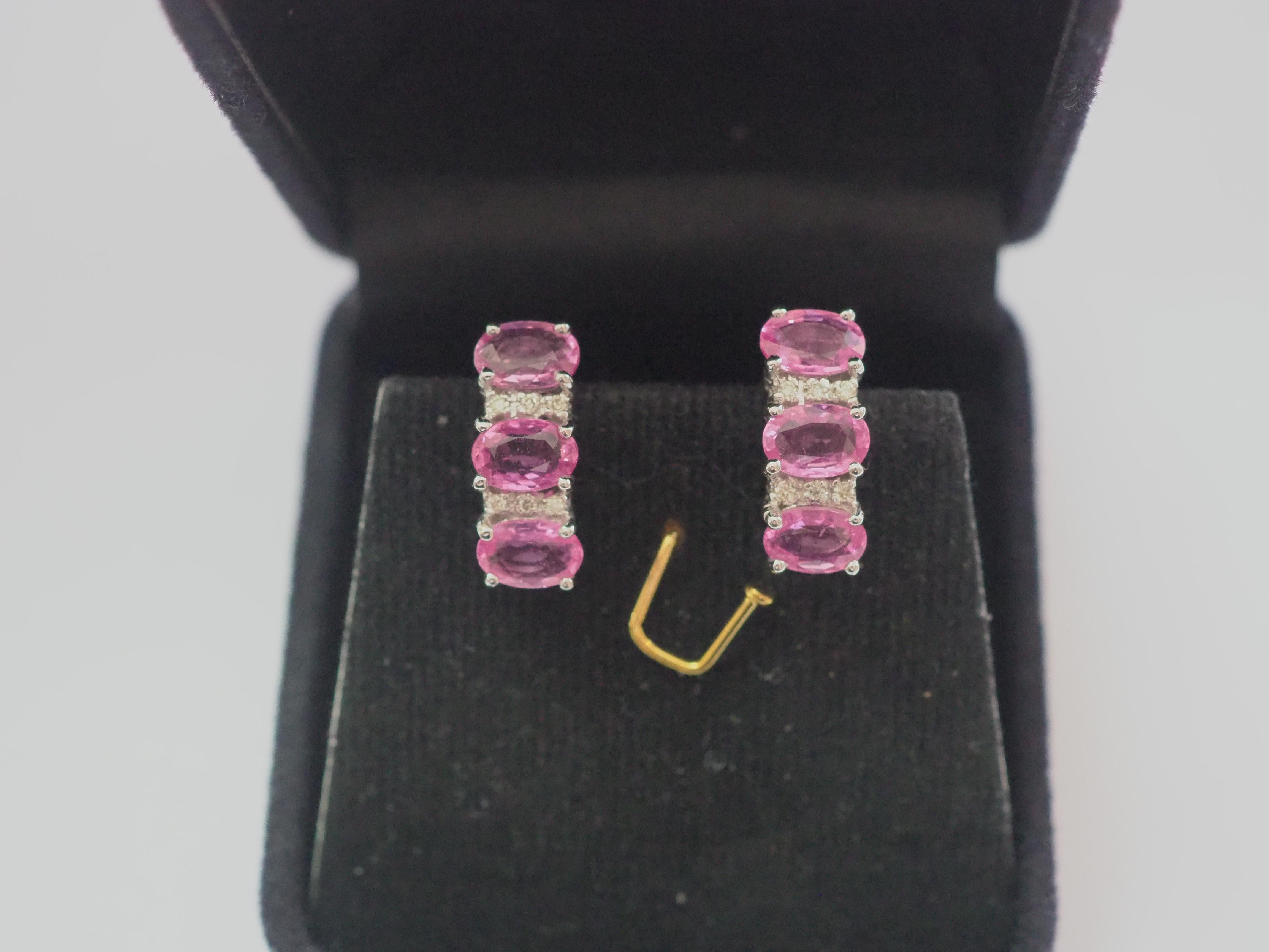 18K White Gold 3.60ct Pink Sapphire & 0.10ct Round Diamond Earrings For Sale 1