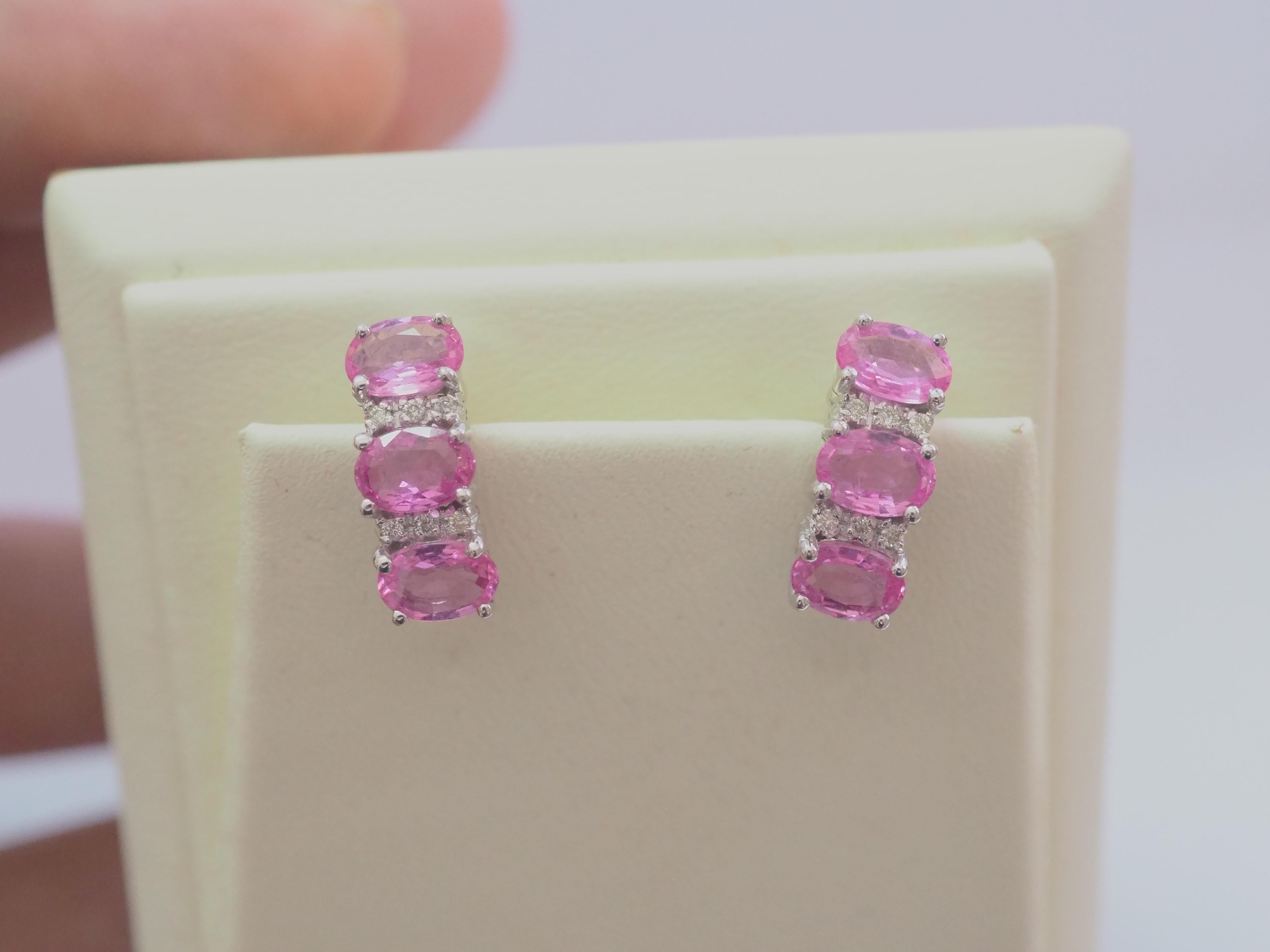18K White Gold 3.60ct Pink Sapphire & 0.10ct Round Diamond Earrings For Sale 2